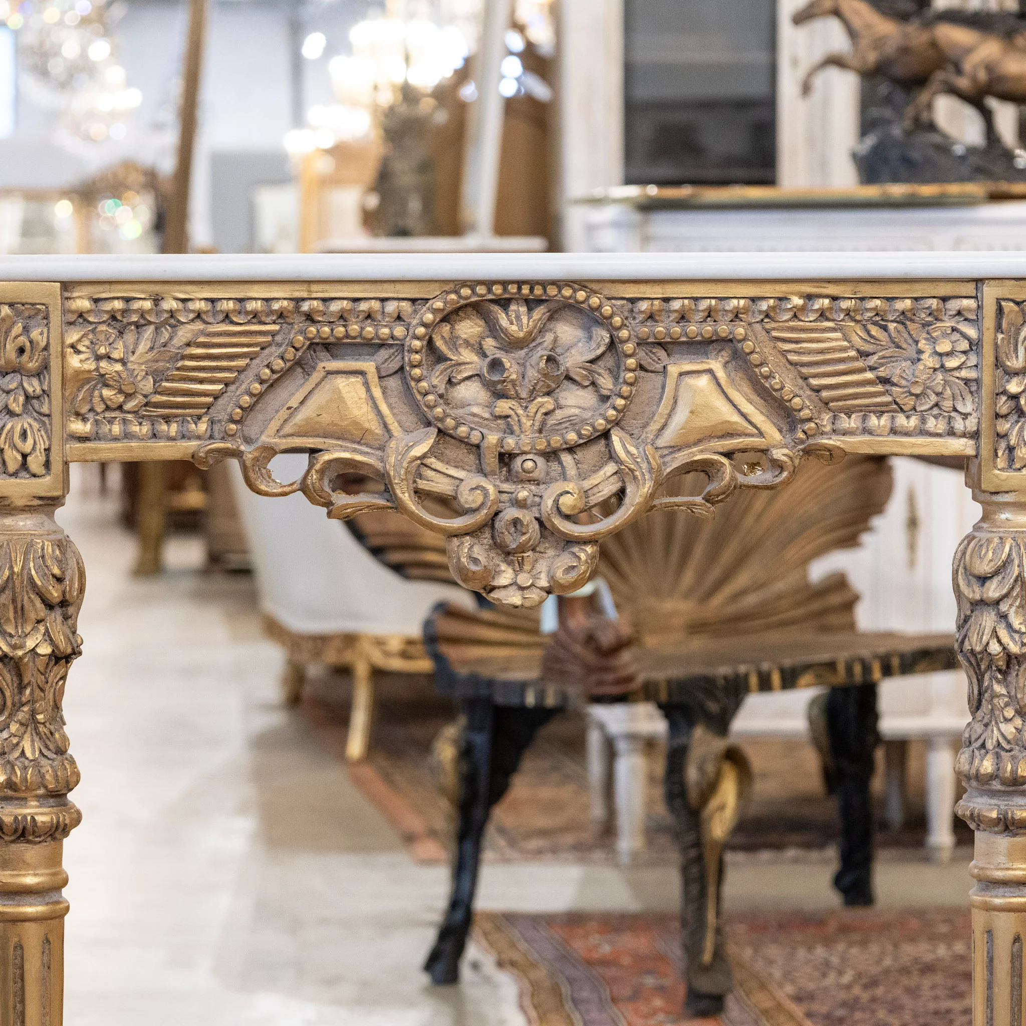 Louis XVI Demilune Console – Gilded Ornate Carved Trim with White Marble Top - Image 8