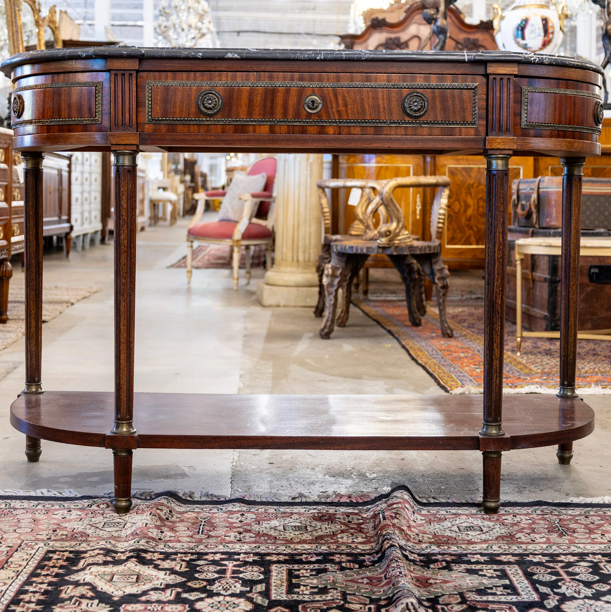 Louis XVI Demilune Console Table – Black Marble Top & Bronze Pulls