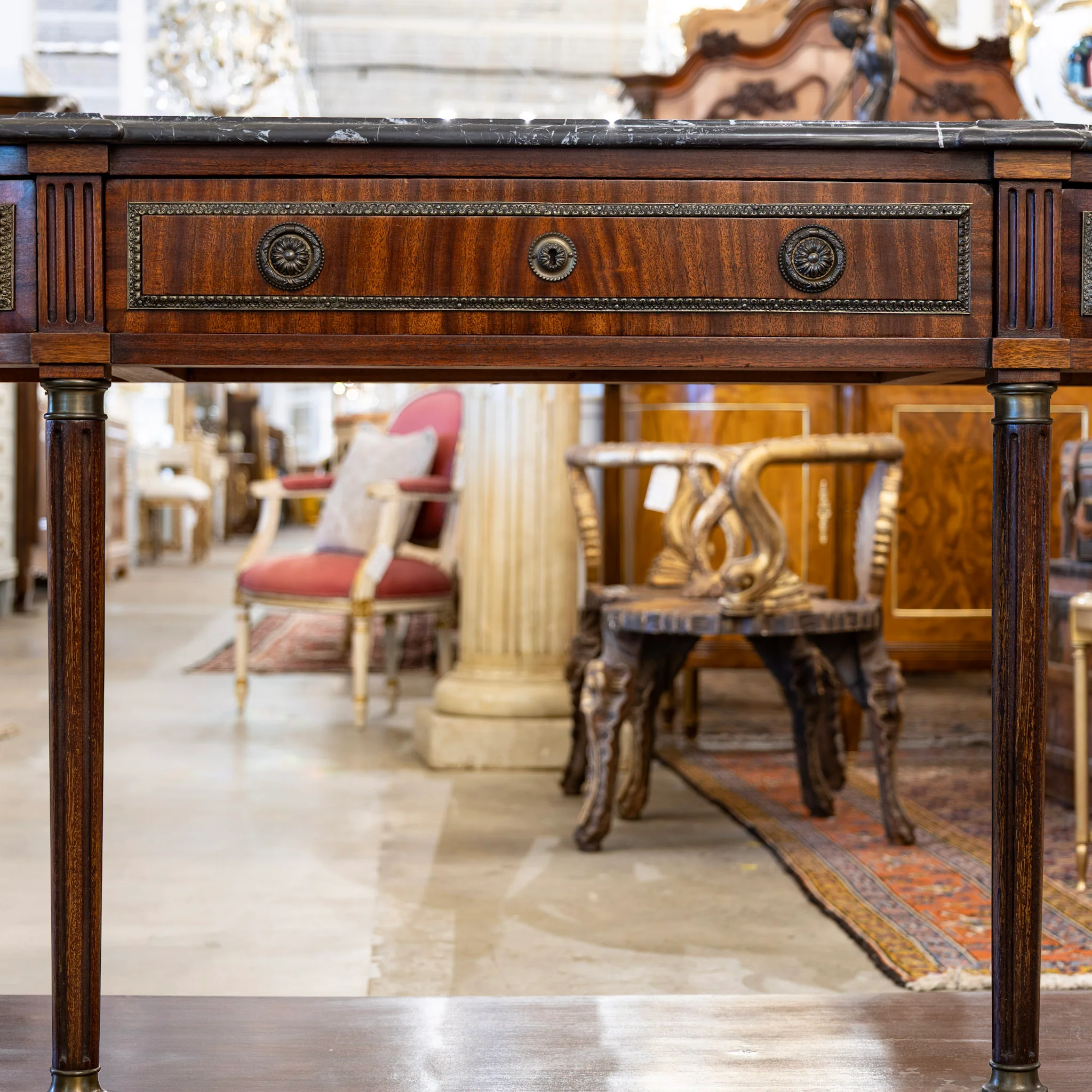 Louis XVI Demilune Console Table – Black Marble Top & Bronze Pulls - Image 2