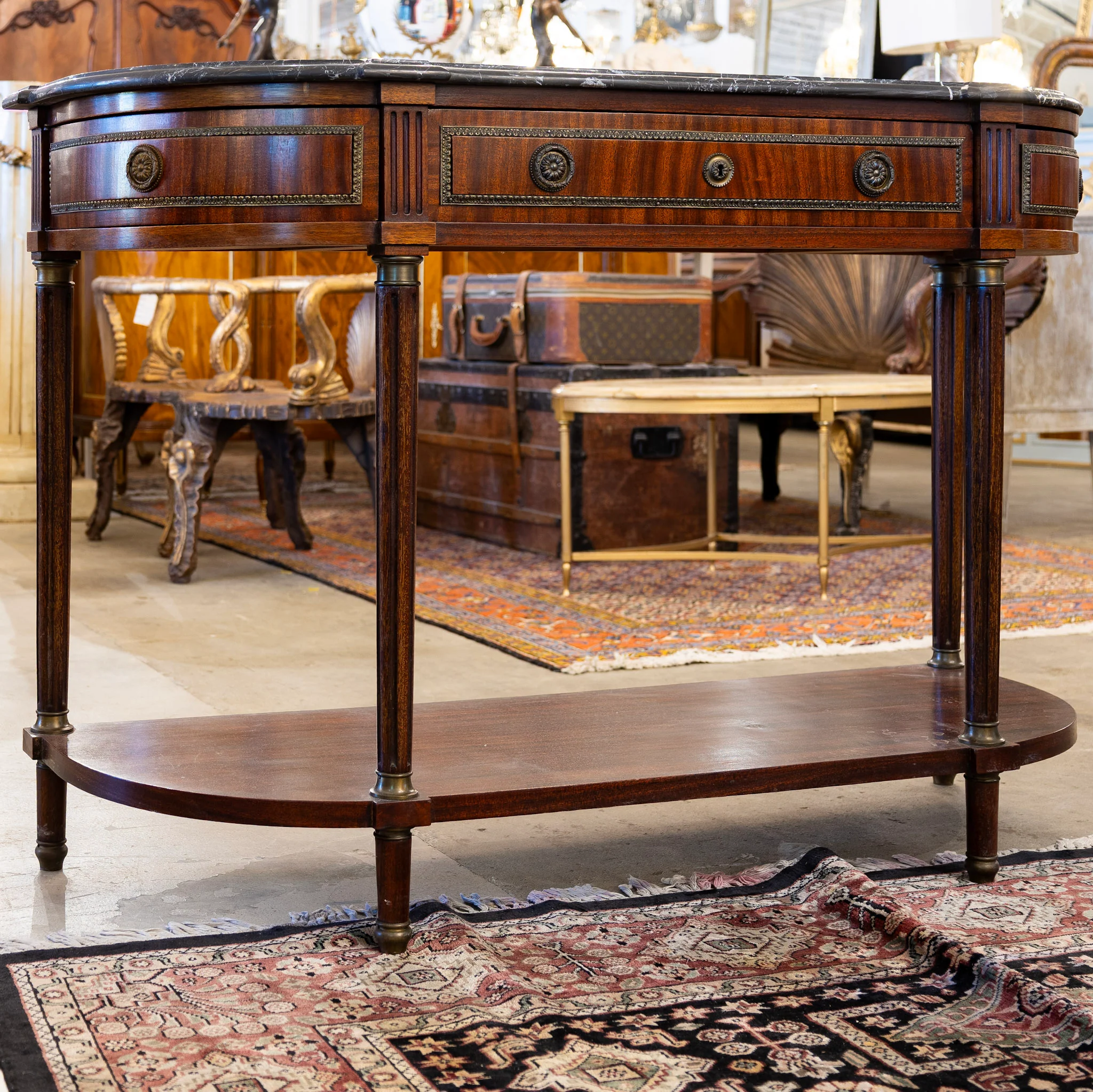 Louis XVI Demilune Console Table – Black Marble Top & Bronze Pulls - Image 3