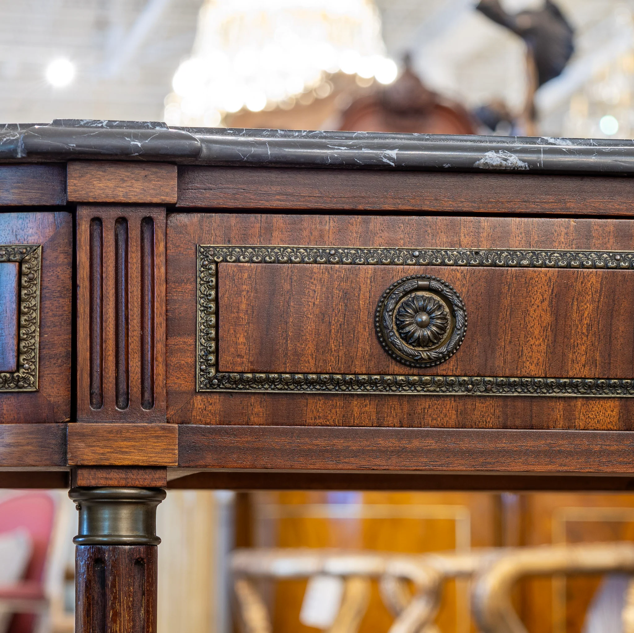 Louis XVI Demilune Console Table – Black Marble Top & Bronze Pulls - Image 4