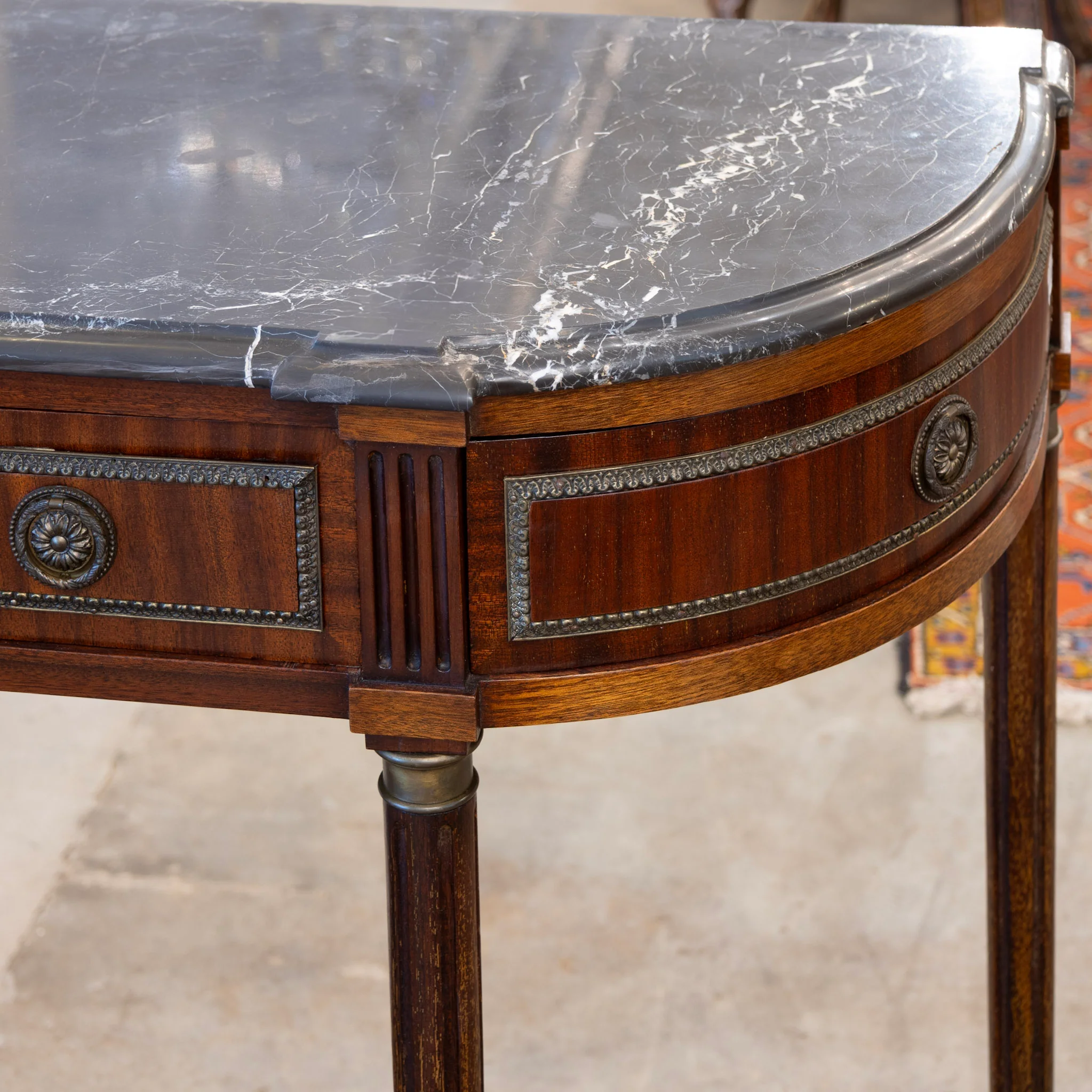 Louis XVI Demilune Console Table – Black Marble Top & Bronze Pulls - Image 6