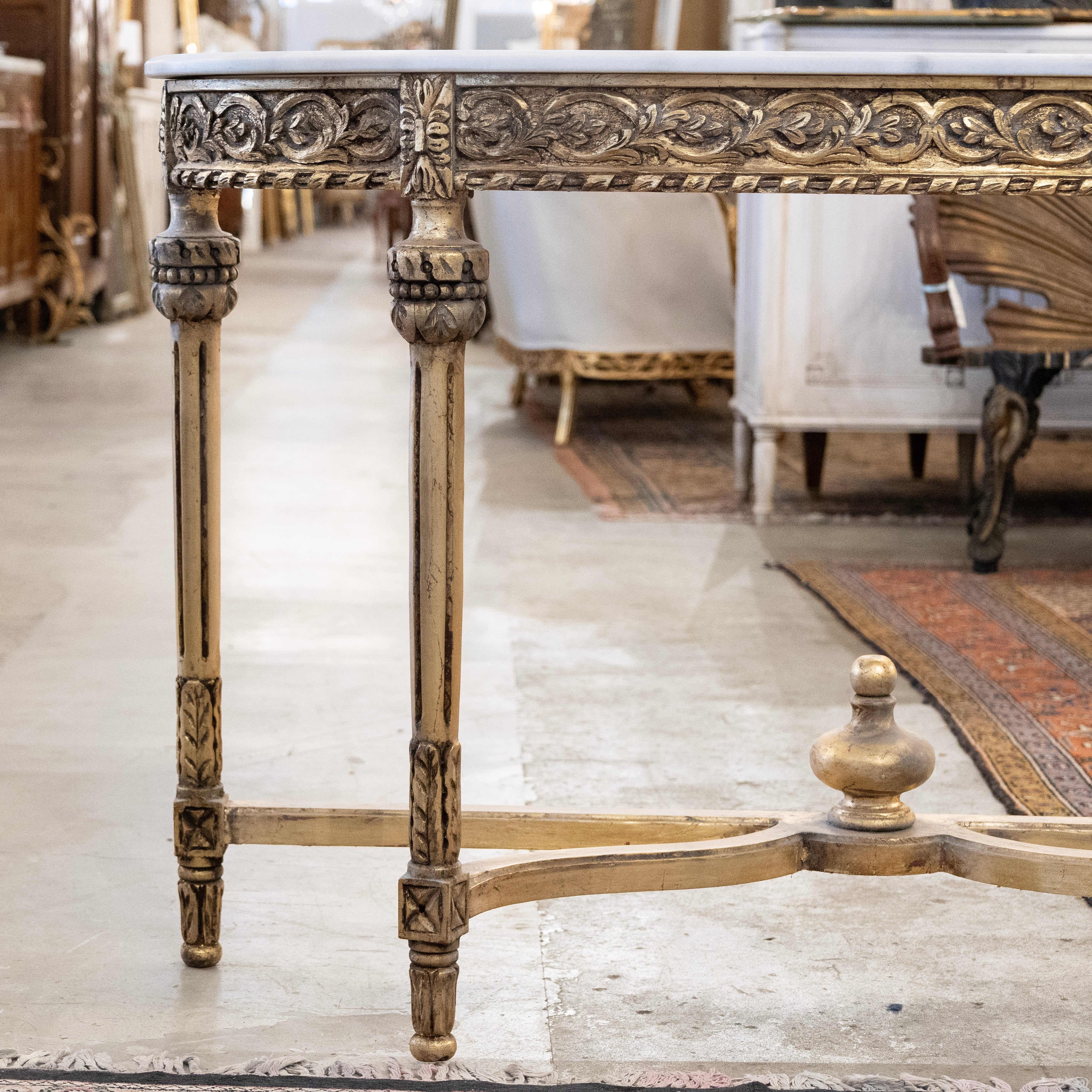 Louis XVI Demilune Gilded Console – Carved & Fluted Trim with White Marble Top - Image 2