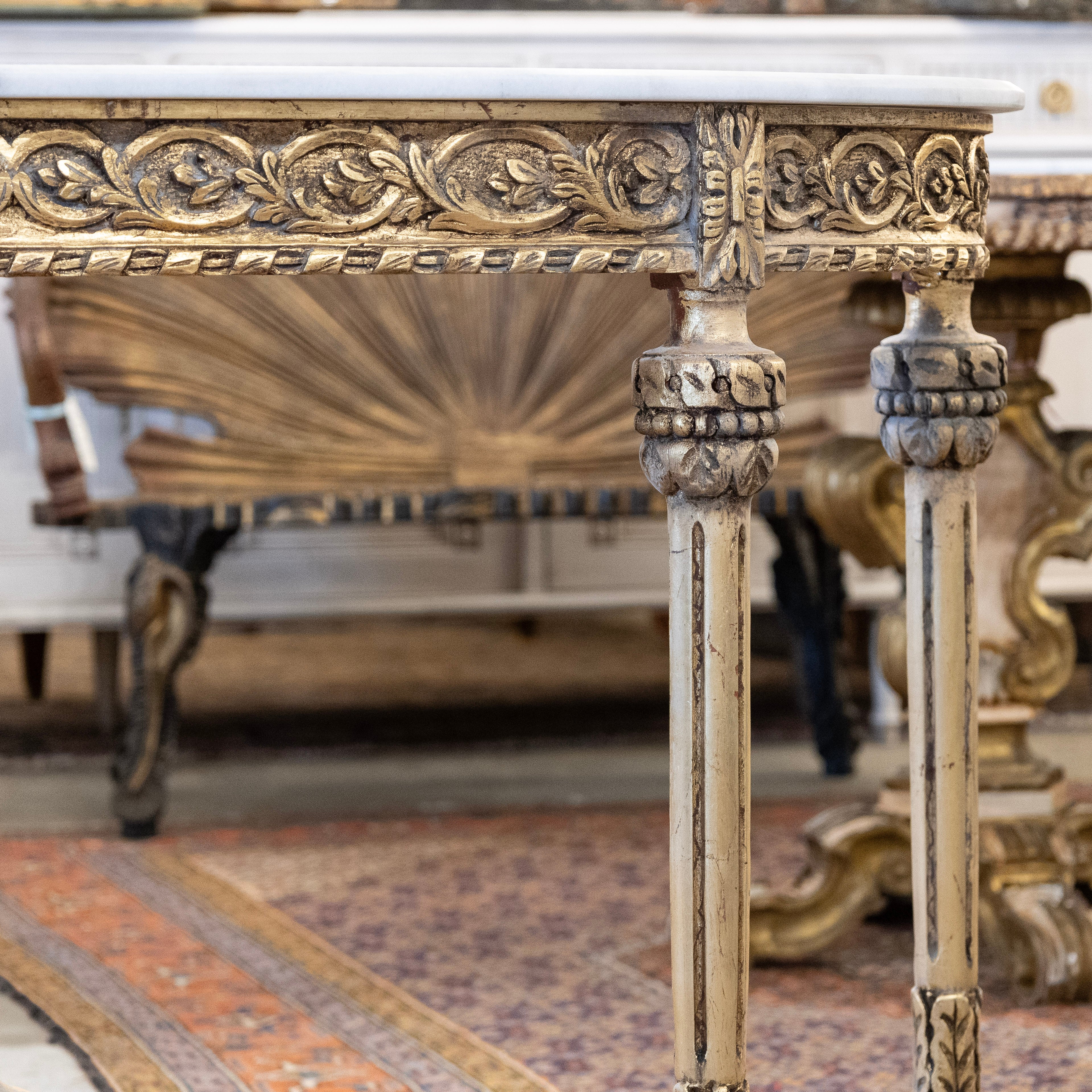 Louis XVI Demilune Gilded Console – Carved & Fluted Trim with White Marble Top - Image 3