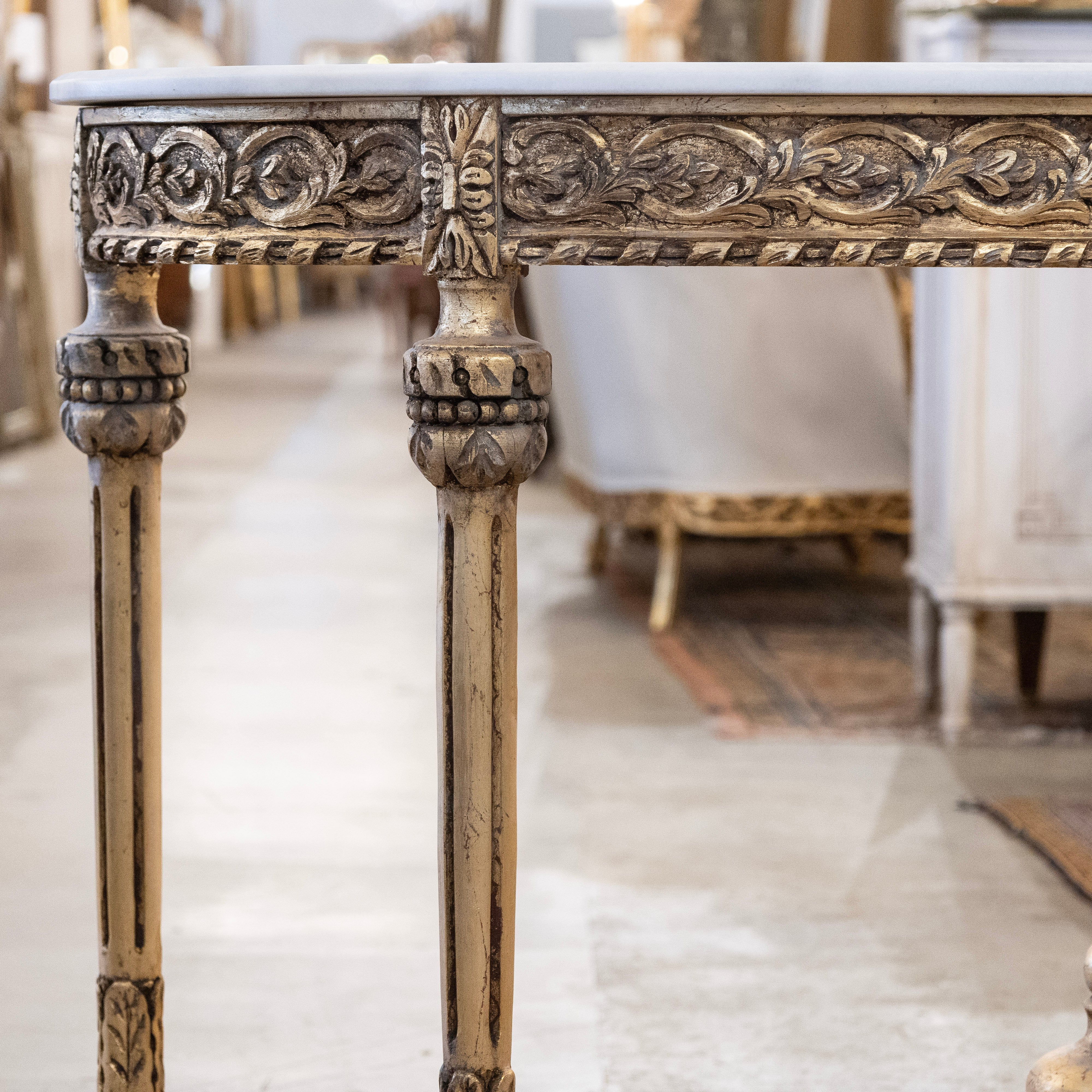 Louis XVI Demilune Gilded Console – Carved & Fluted Trim with White Marble Top - Image 4