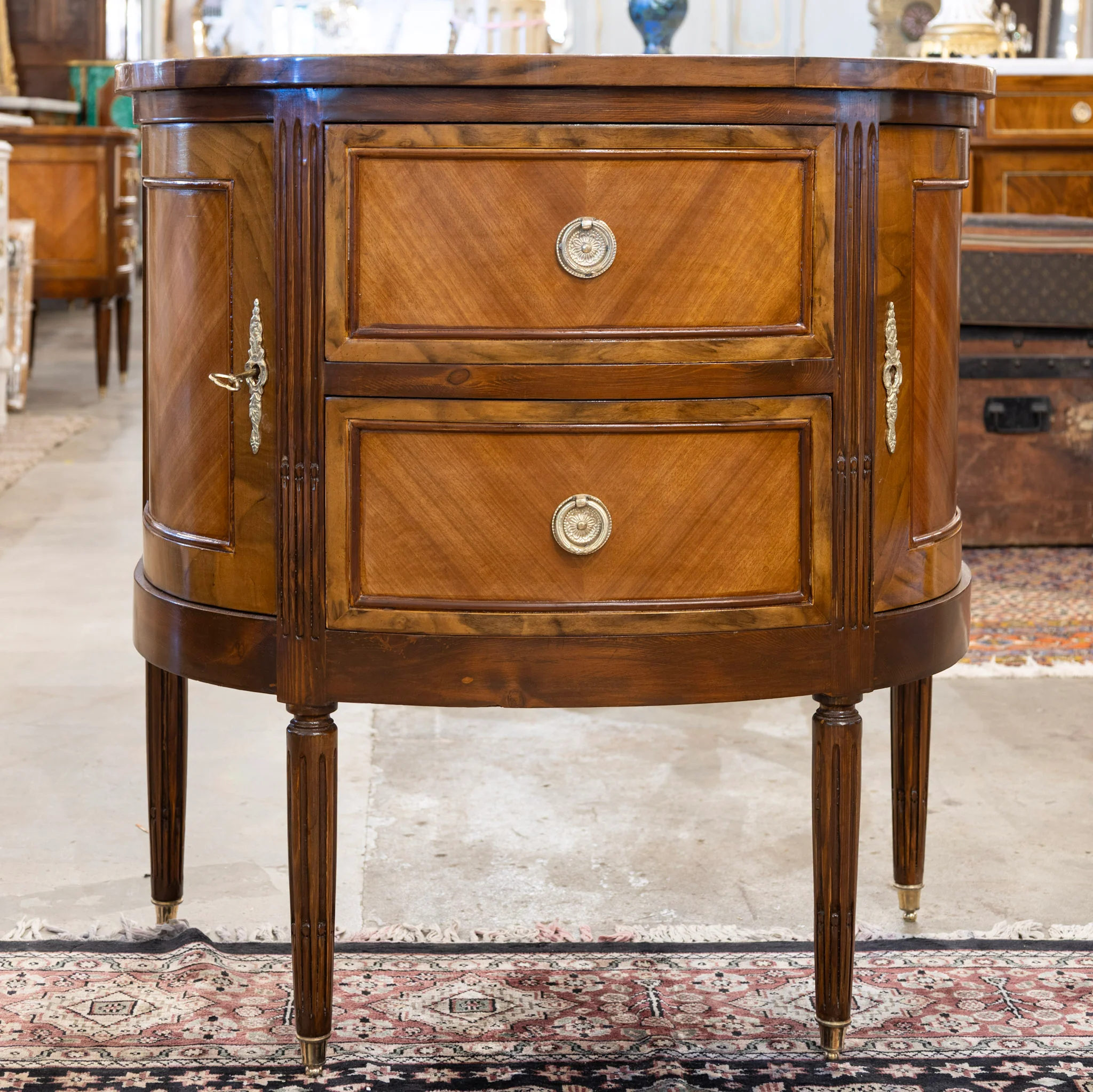 Louis XVI Demilune Nightstand – Burl Wood & Brass Pulls