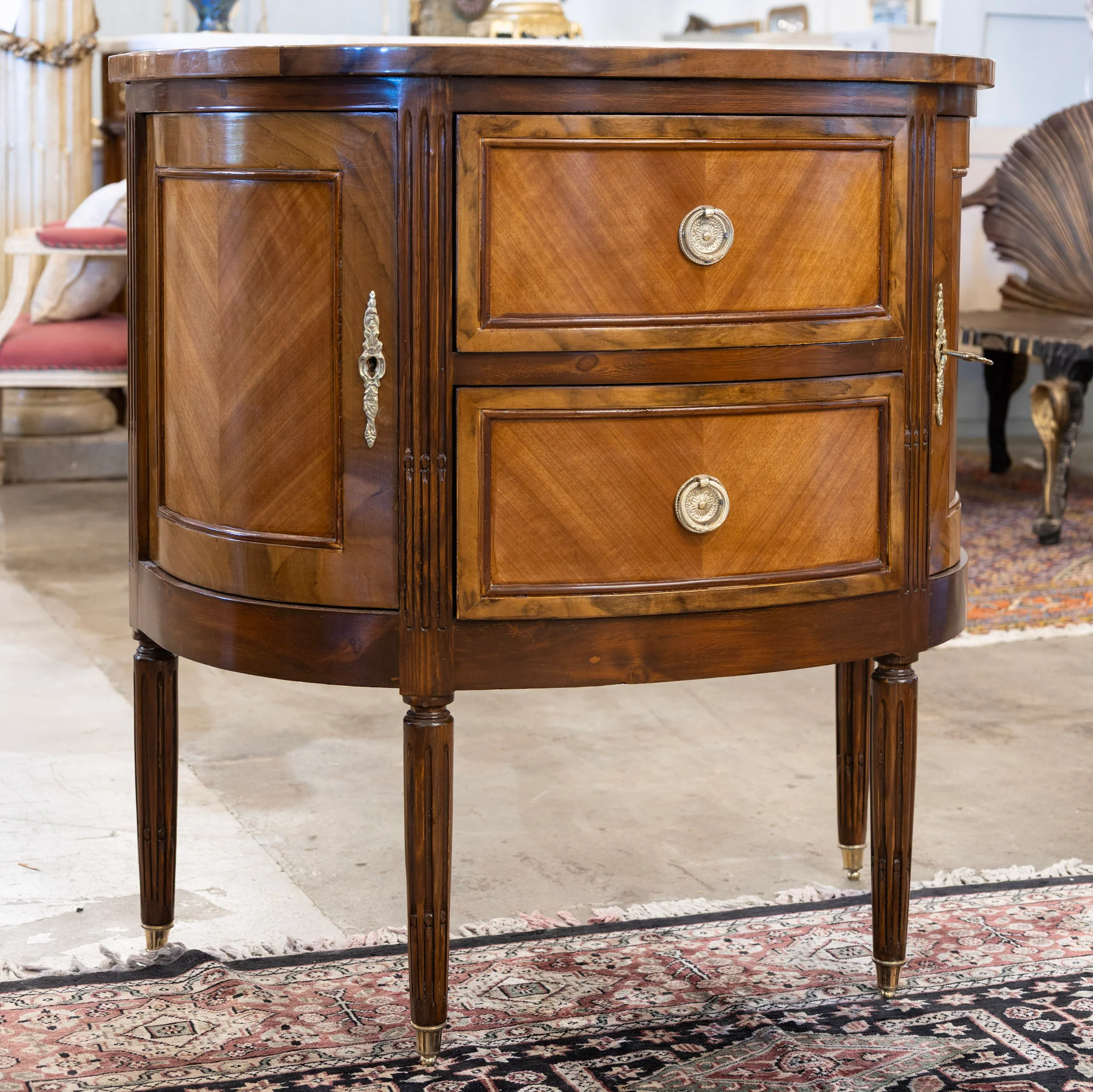 Louis XVI Demilune Nightstand – Burl Wood & Brass Pulls - Image 2