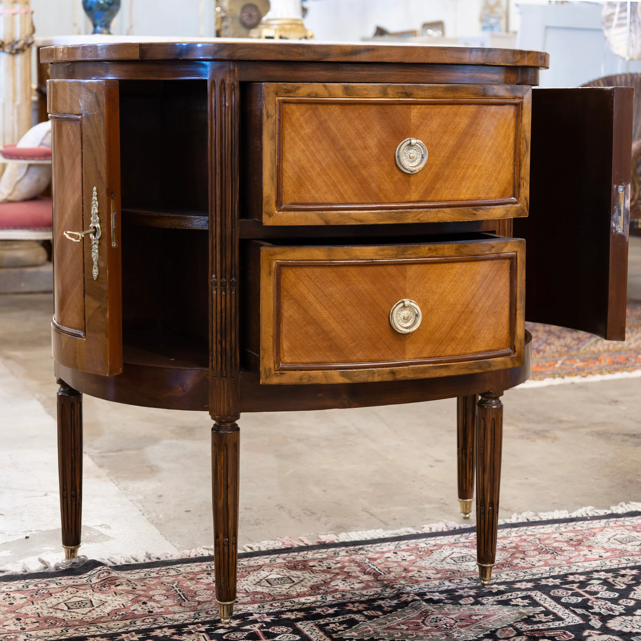 Louis XVI Demilune Nightstand – Burl Wood & Brass Pulls - Image 3