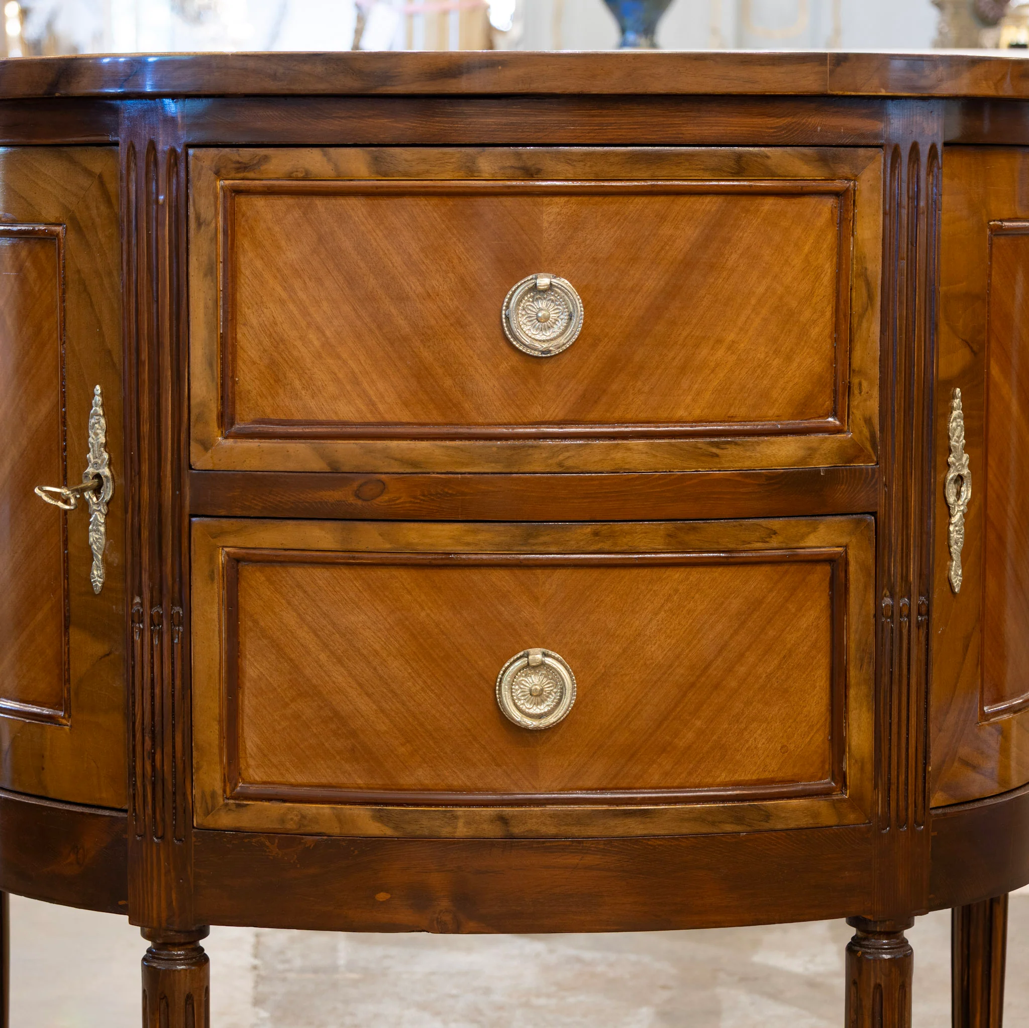 Louis XVI Demilune Nightstand – Burl Wood & Brass Pulls - Image 4