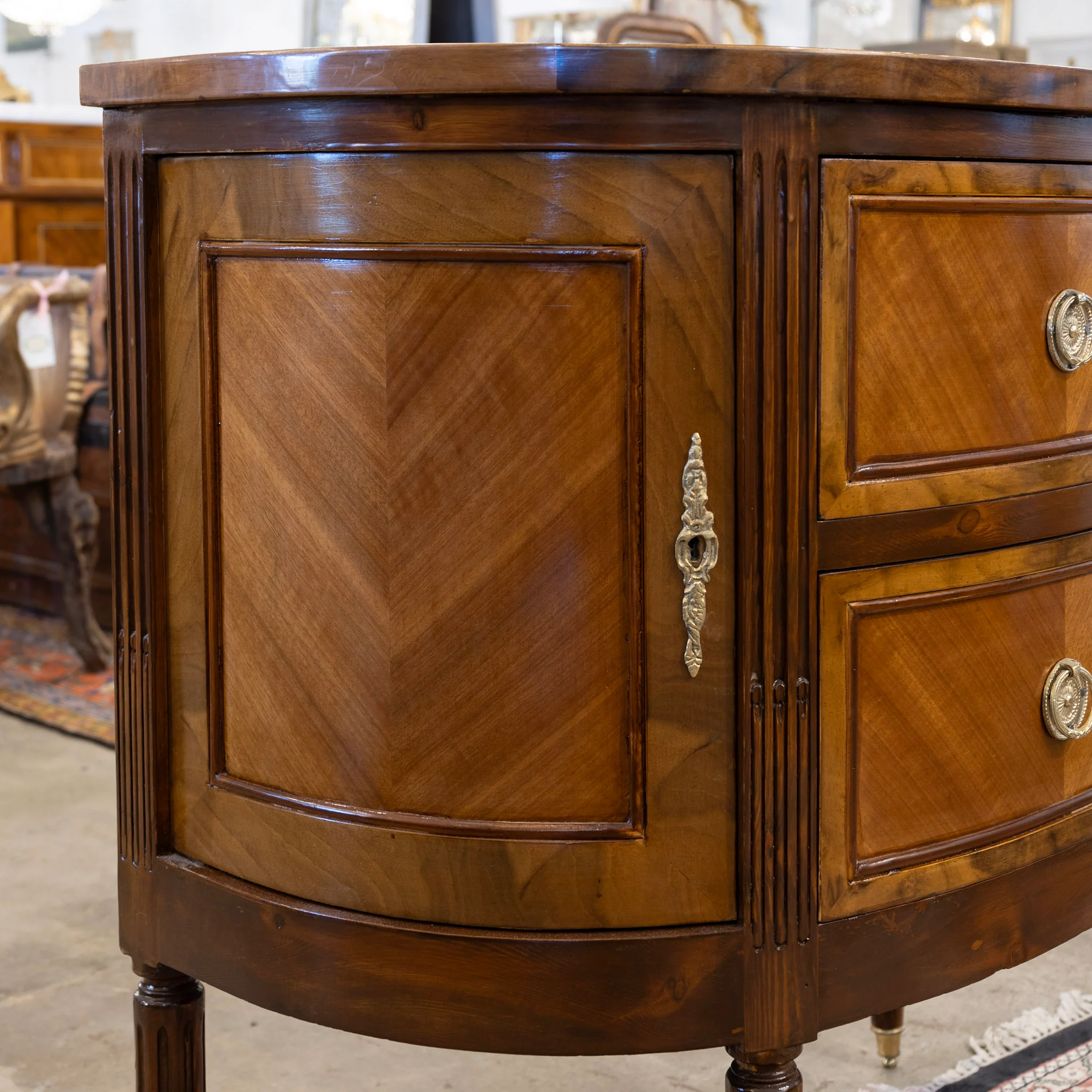Louis XVI Demilune Nightstand – Burl Wood & Brass Pulls - Image 5