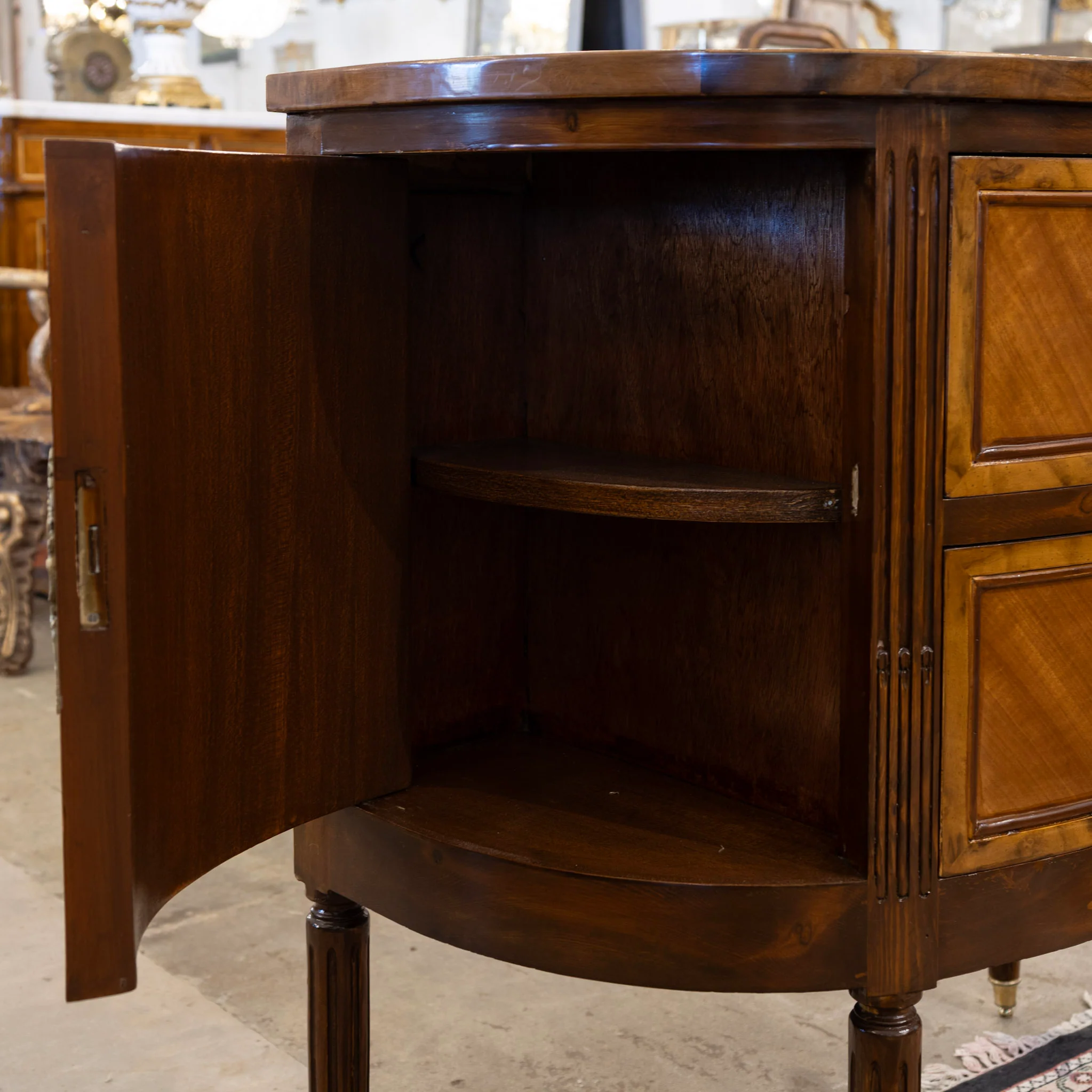 Louis XVI Demilune Nightstand – Burl Wood & Brass Pulls - Image 6