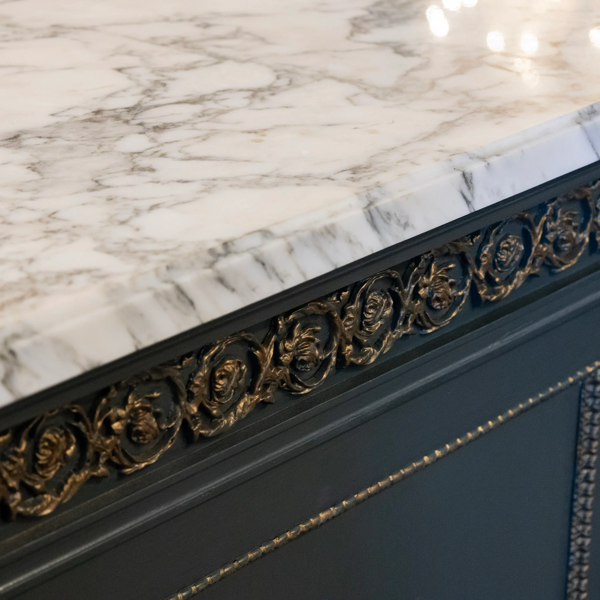 Louis XVI Demilune Sideboard – Brass Trim & White Marble Top in Slate Blue/Green - Image 10