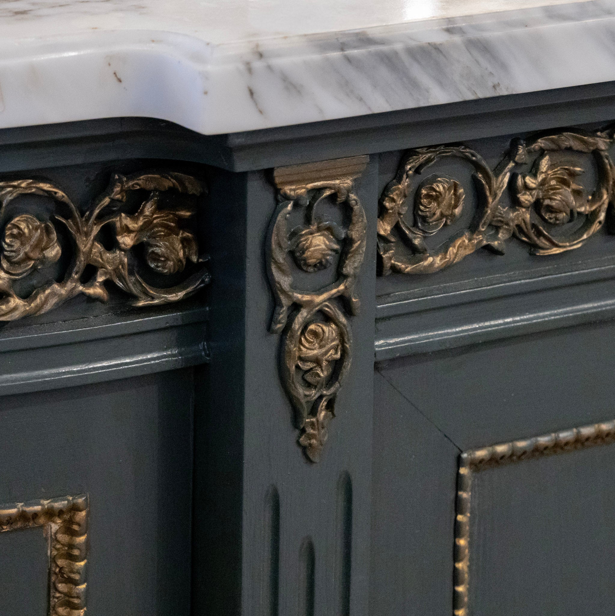 Louis XVI Demilune Sideboard – Brass Trim & White Marble Top in Slate Blue/Green - Image 11