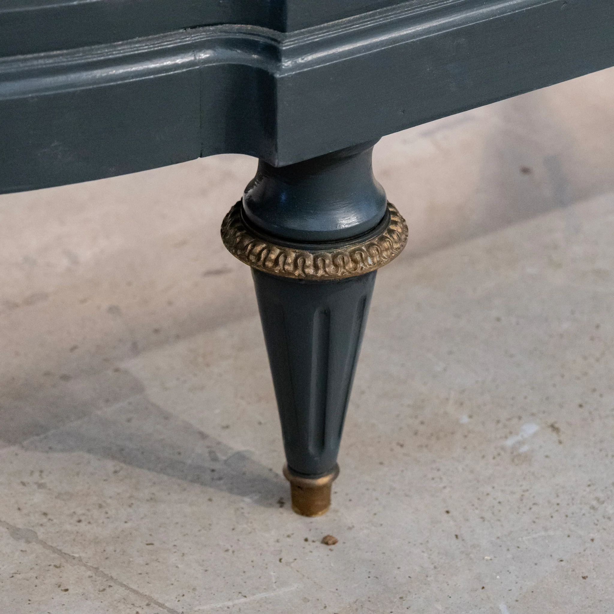 Louis XVI Demilune Sideboard – Brass Trim & White Marble Top in Slate Blue/Green - Image 13