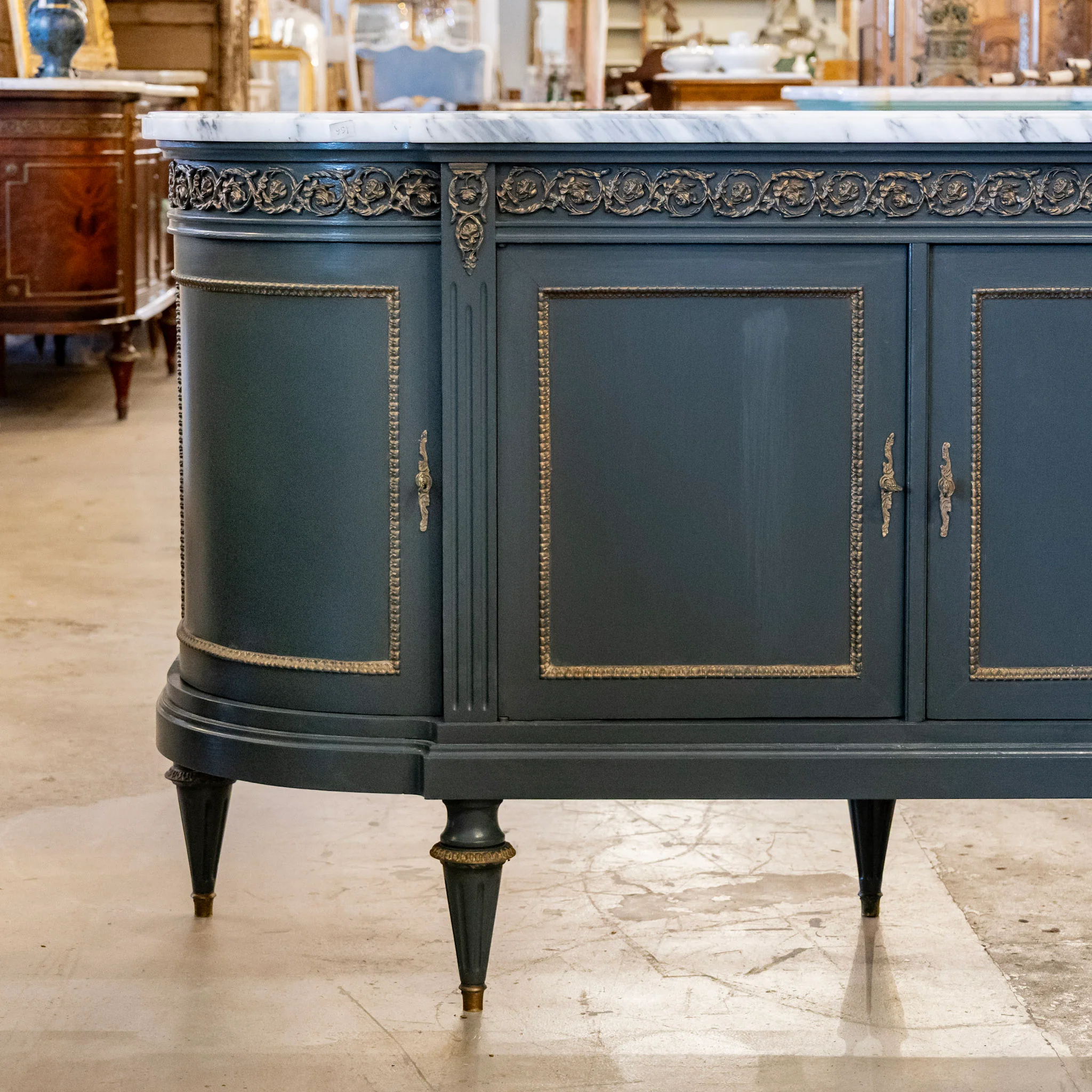 Louis XVI Demilune Sideboard – Brass Trim & White Marble Top in Slate Blue/Green - Image 2