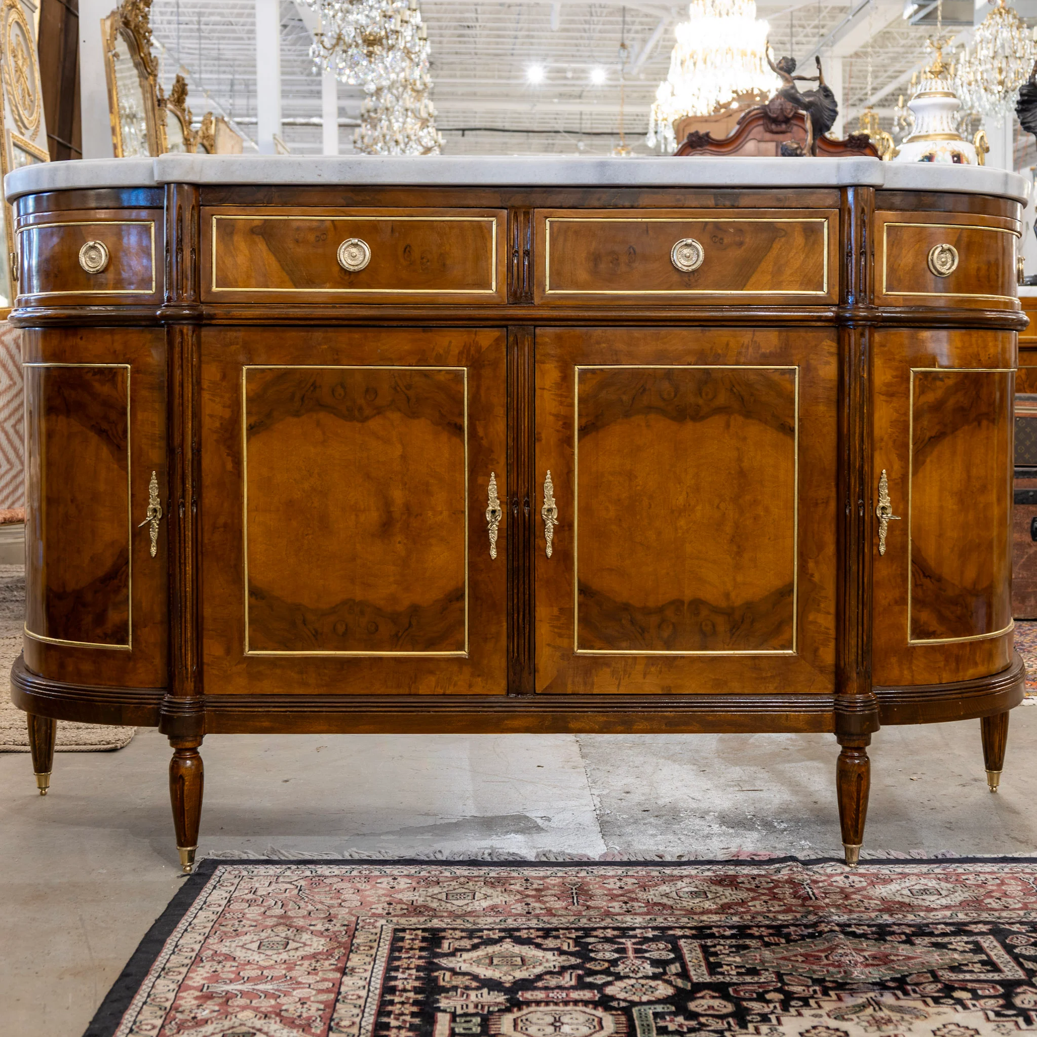 Louis XVI Demilune Sideboard – Burl Wood with Marble Top and Gold Accents