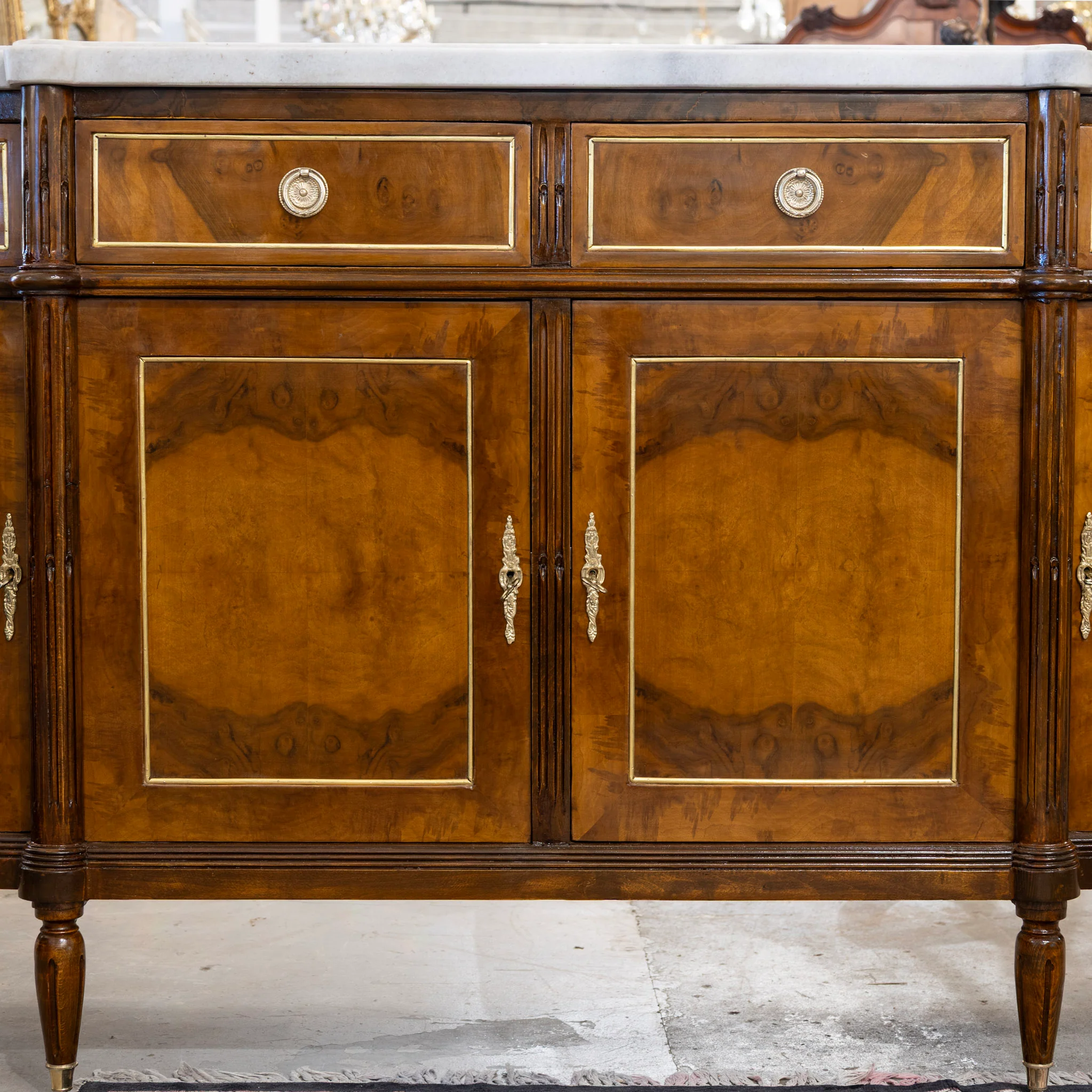 Louis XVI Demilune Sideboard – Burl Wood with Marble Top and Gold Accents - Image 2
