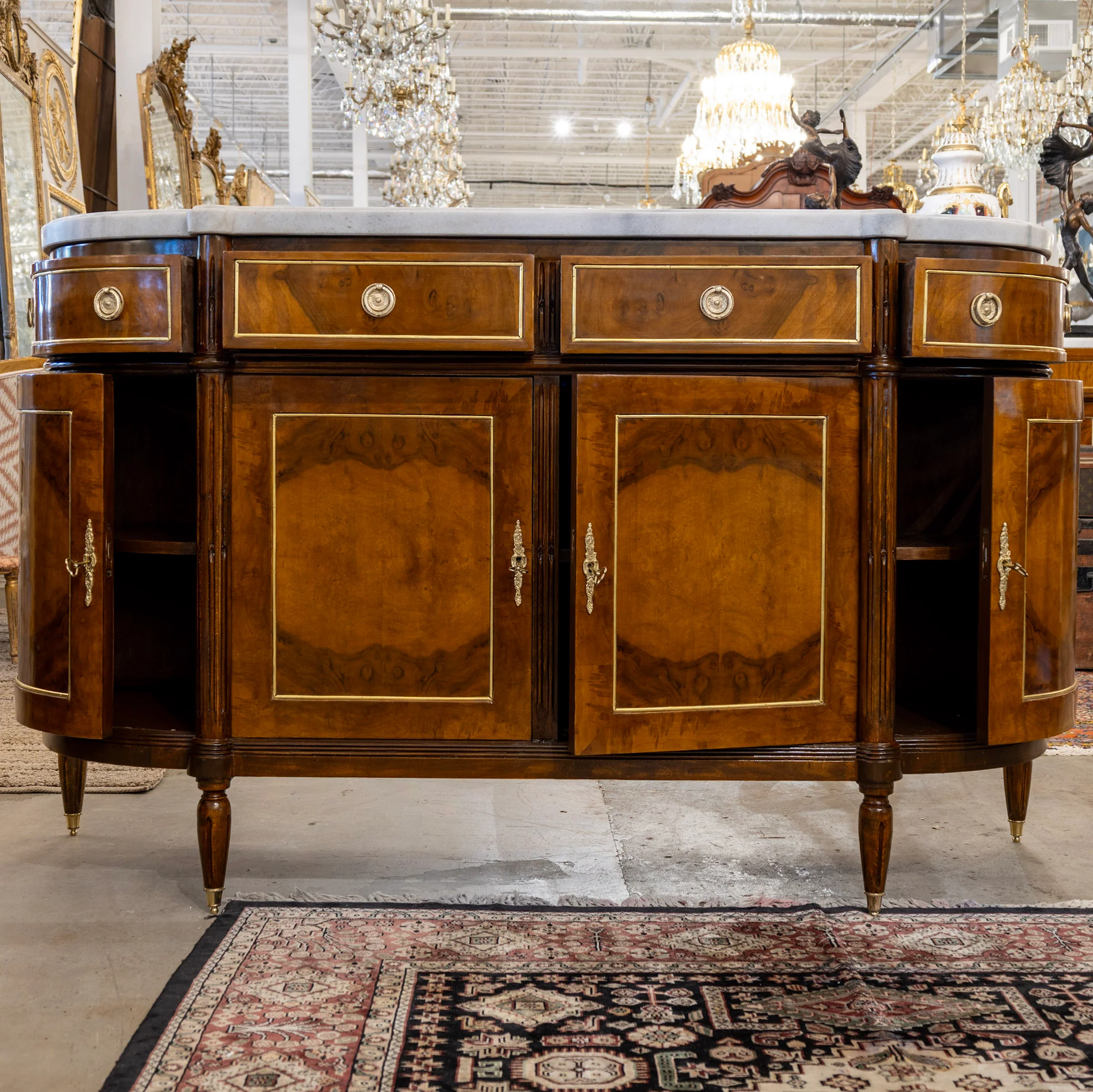 Louis XVI Demilune Sideboard – Burl Wood with Marble Top and Gold Accents - Image 3