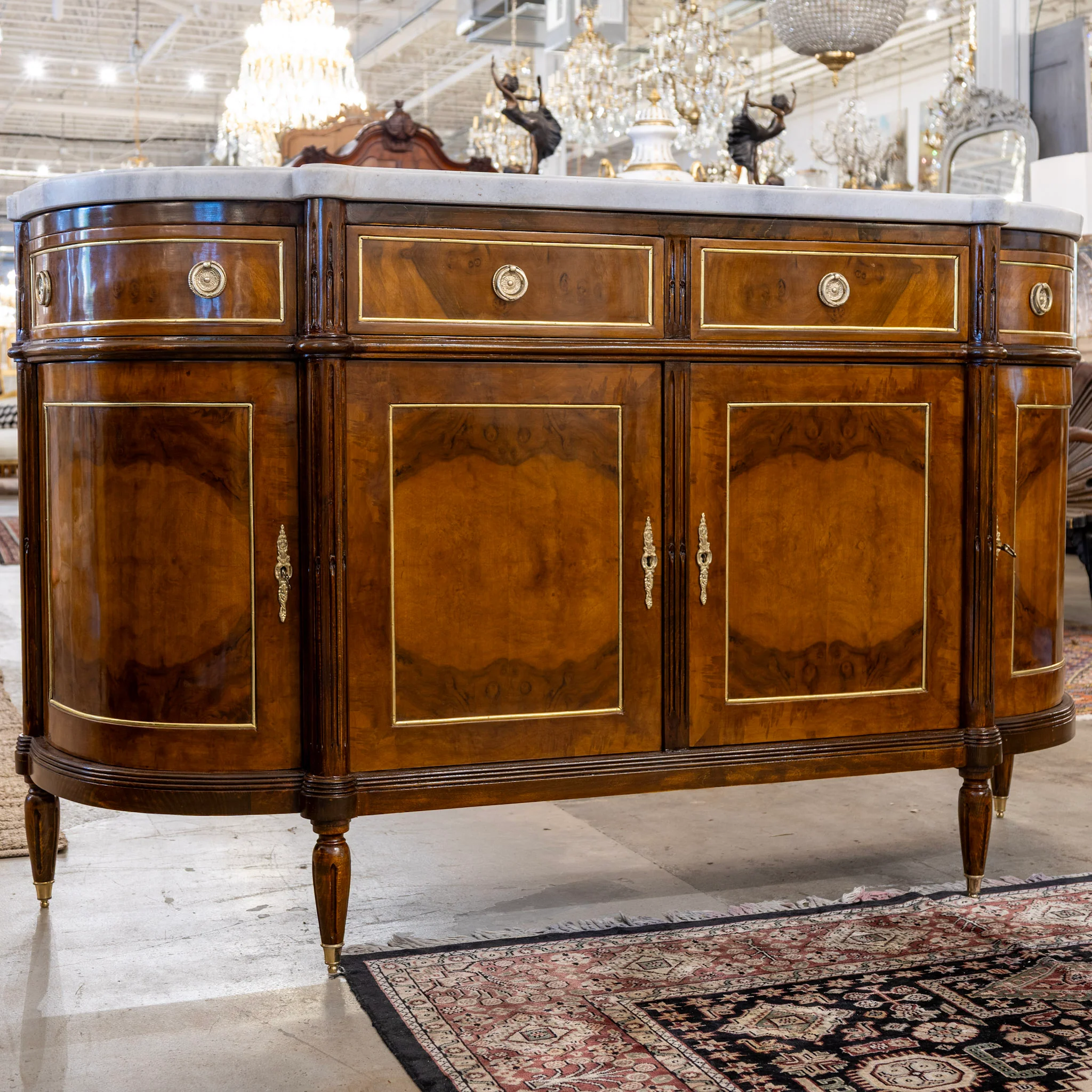 Louis XVI Demilune Sideboard – Burl Wood with Marble Top and Gold Accents - Image 4
