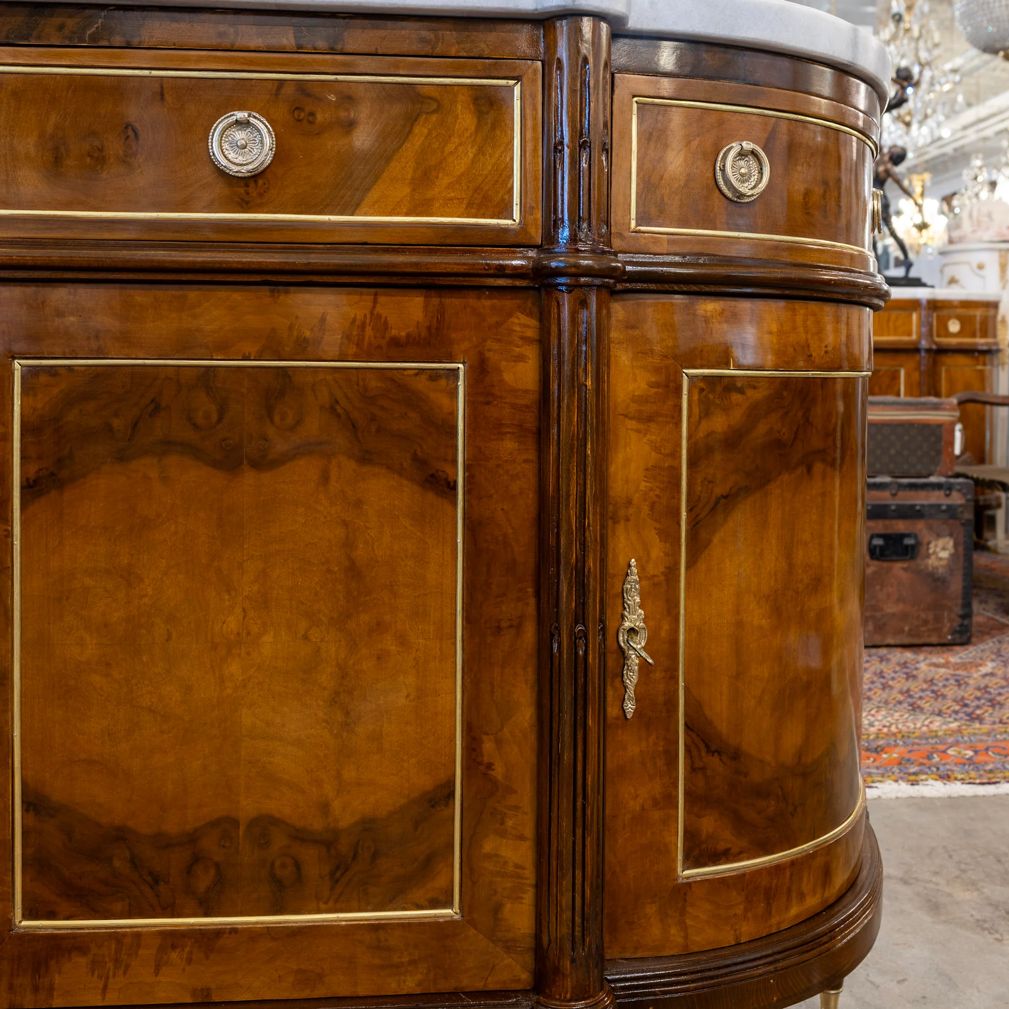 Louis XVI Demilune Sideboard – Burl Wood with Marble Top and Gold Accents - Image 5