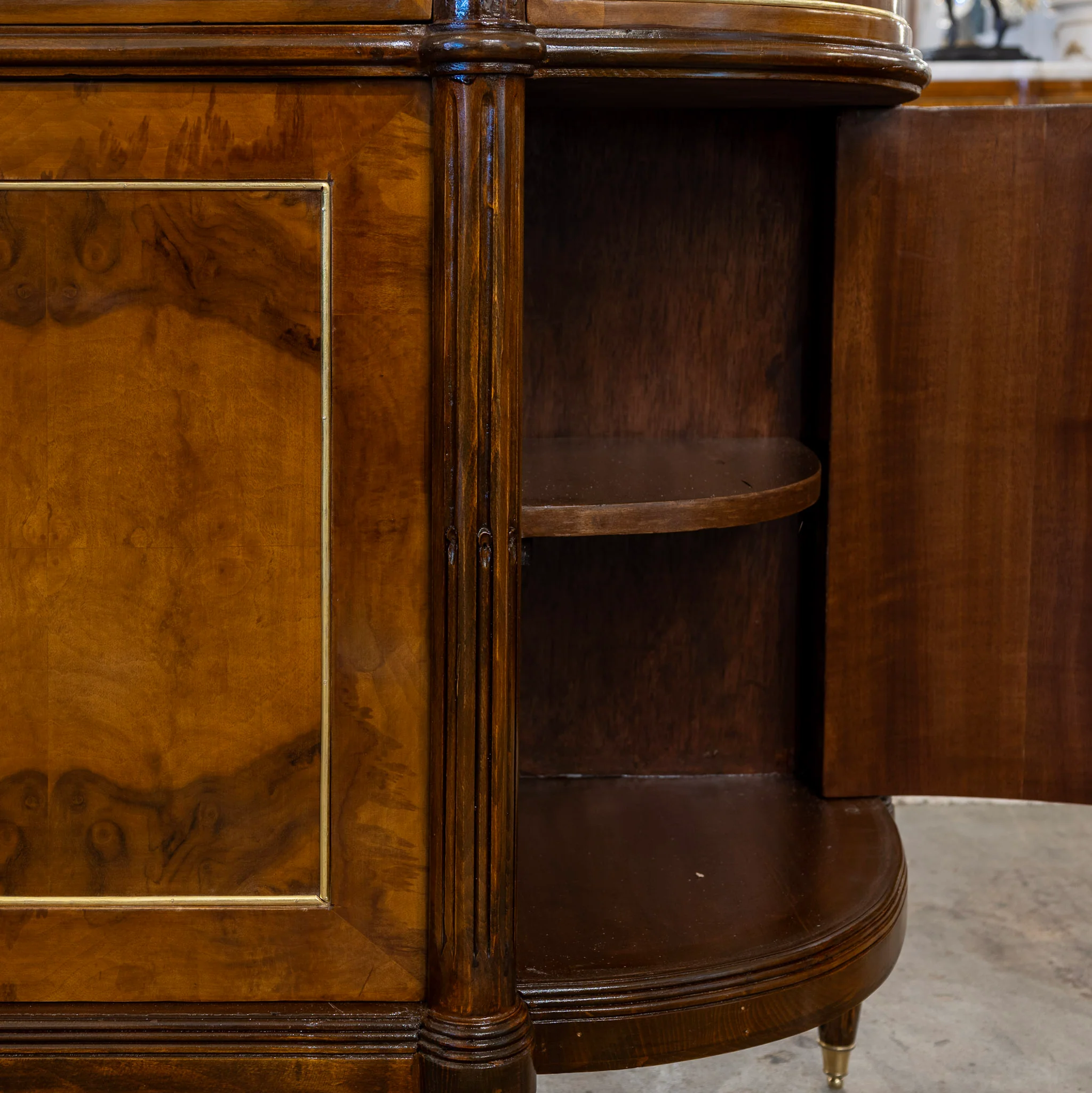 Louis XVI Demilune Sideboard – Burl Wood with Marble Top and Gold Accents - Image 7
