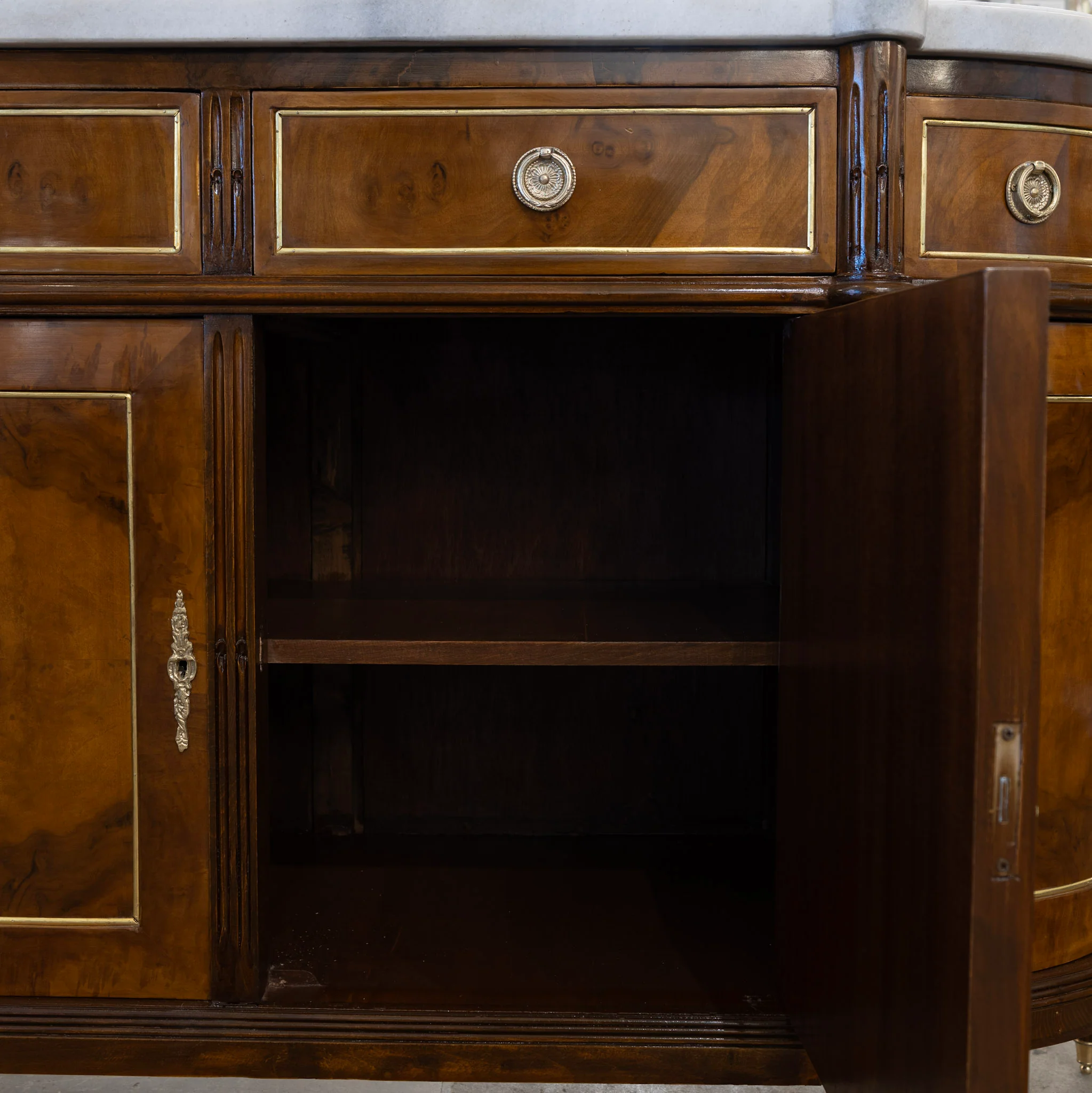 Louis XVI Demilune Sideboard – Burl Wood with Marble Top and Gold Accents - Image 8