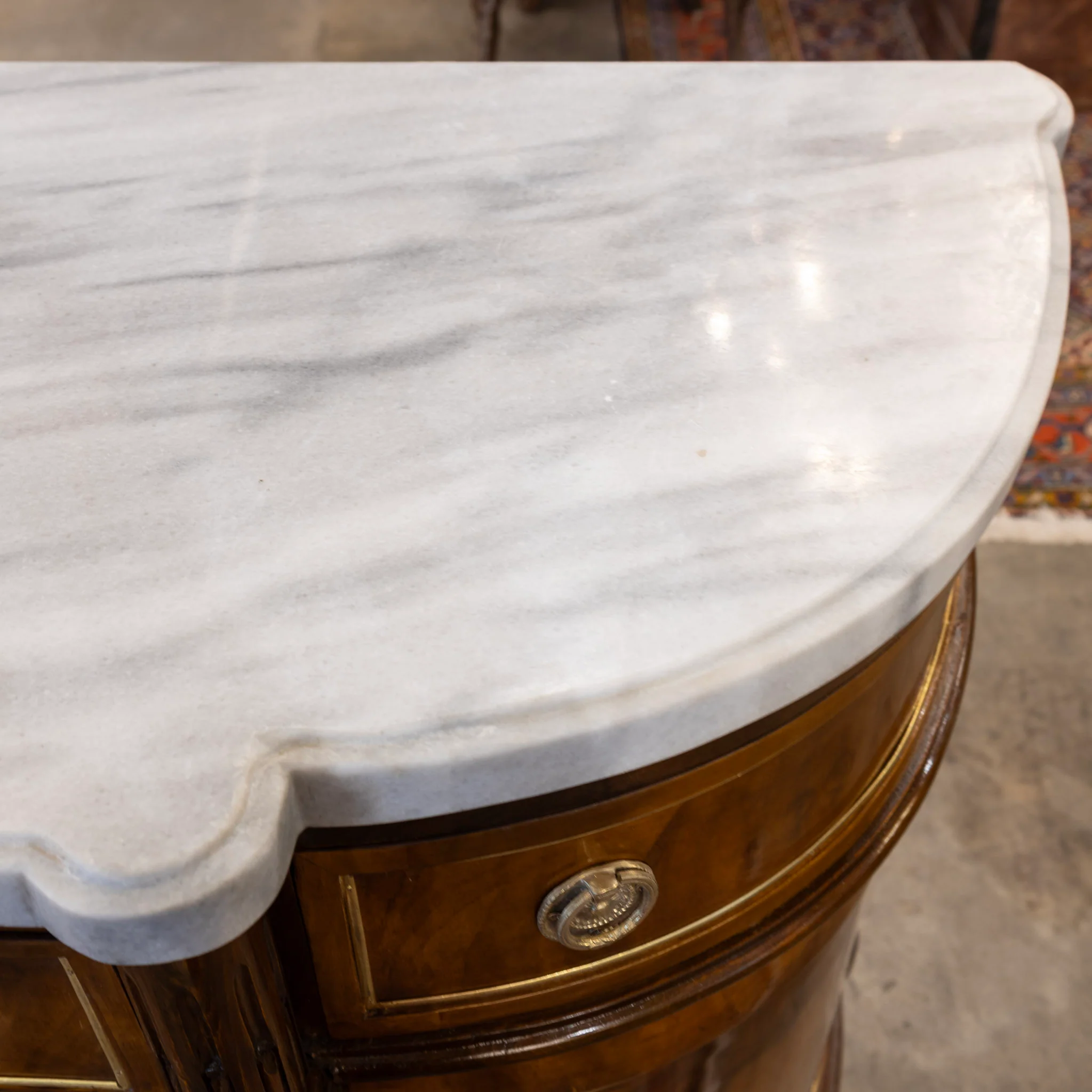 Louis XVI Demilune Sideboard – Burl Wood with Marble Top and Gold Accents - Image 9