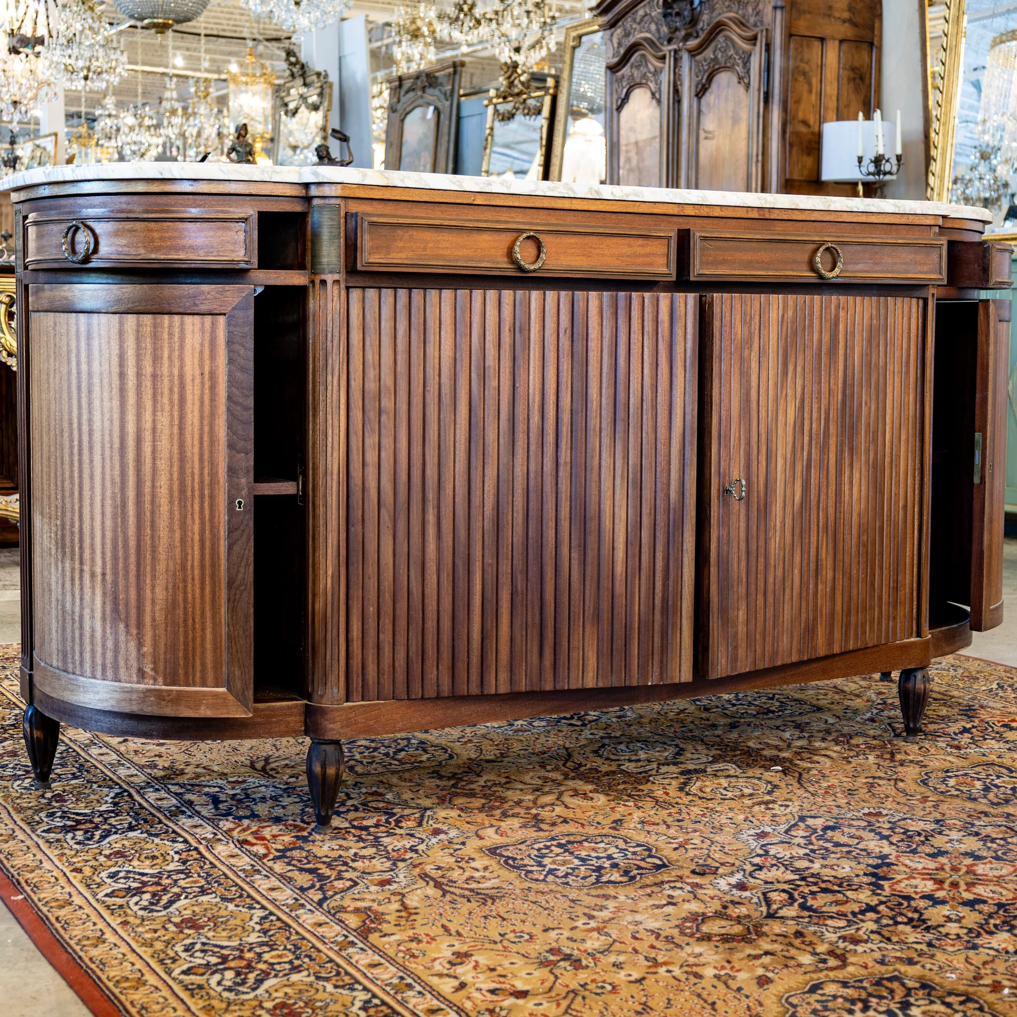 Louis XVI Demilune Sideboard – Reeded Front & White Marble Top with Sliding Side Doors - Image 3