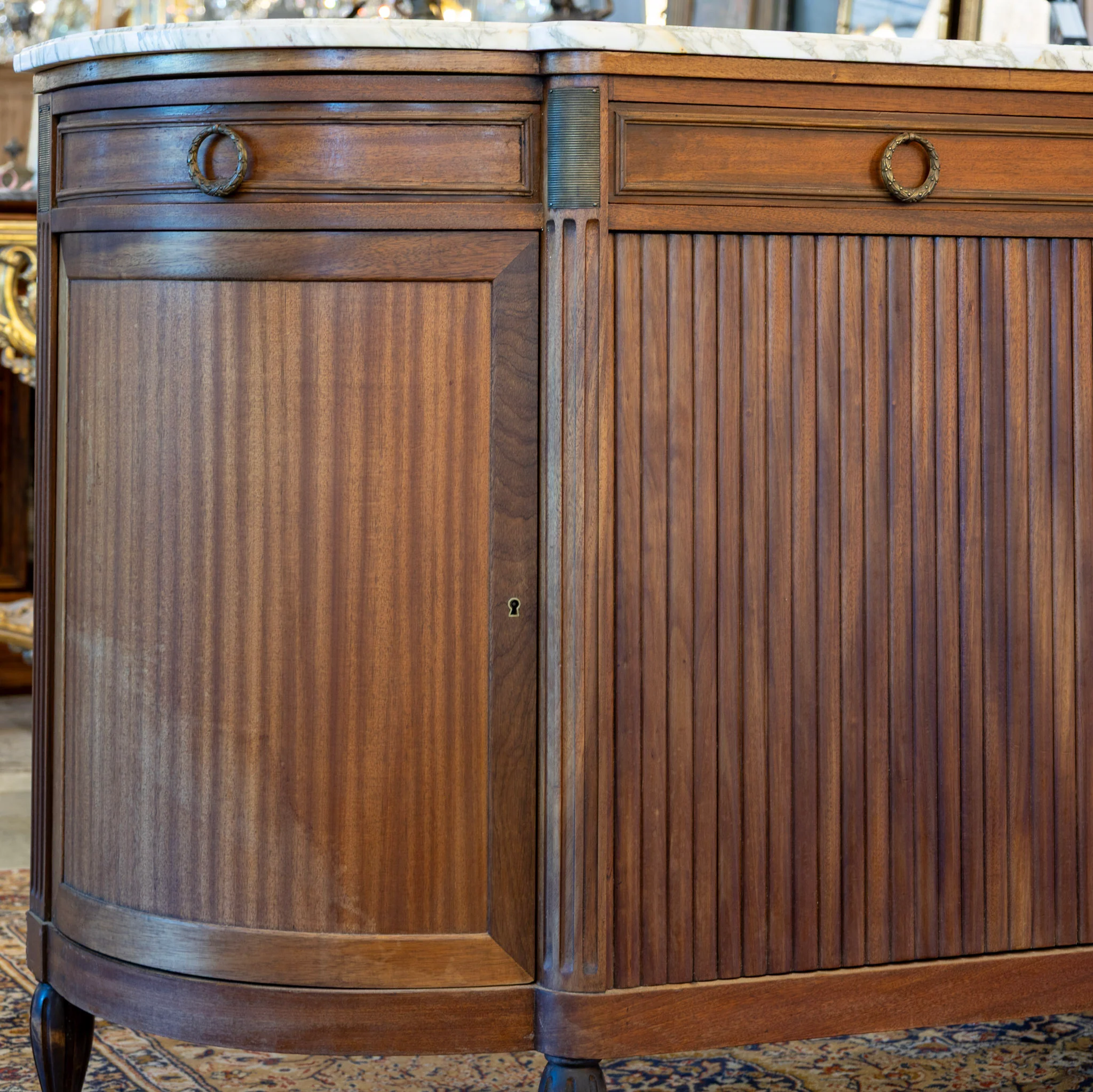Louis XVI Demilune Sideboard – Reeded Front & White Marble Top with Sliding Side Doors - Image 4