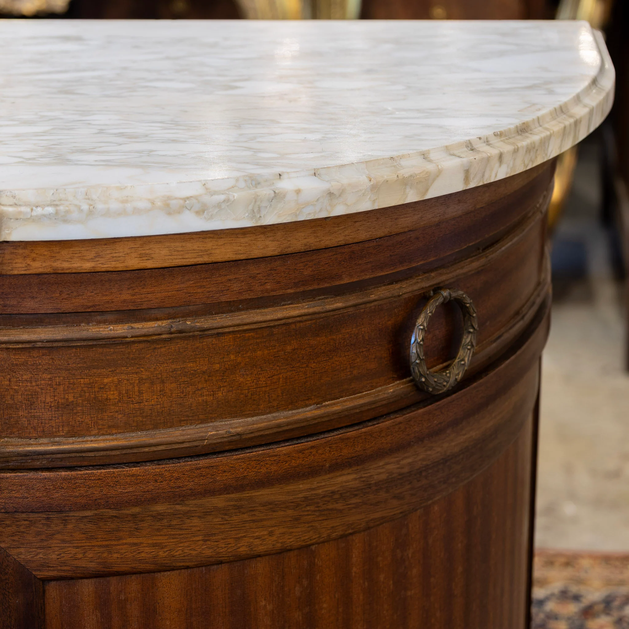 Louis XVI Demilune Sideboard – Reeded Front & White Marble Top with Sliding Side Doors - Image 6