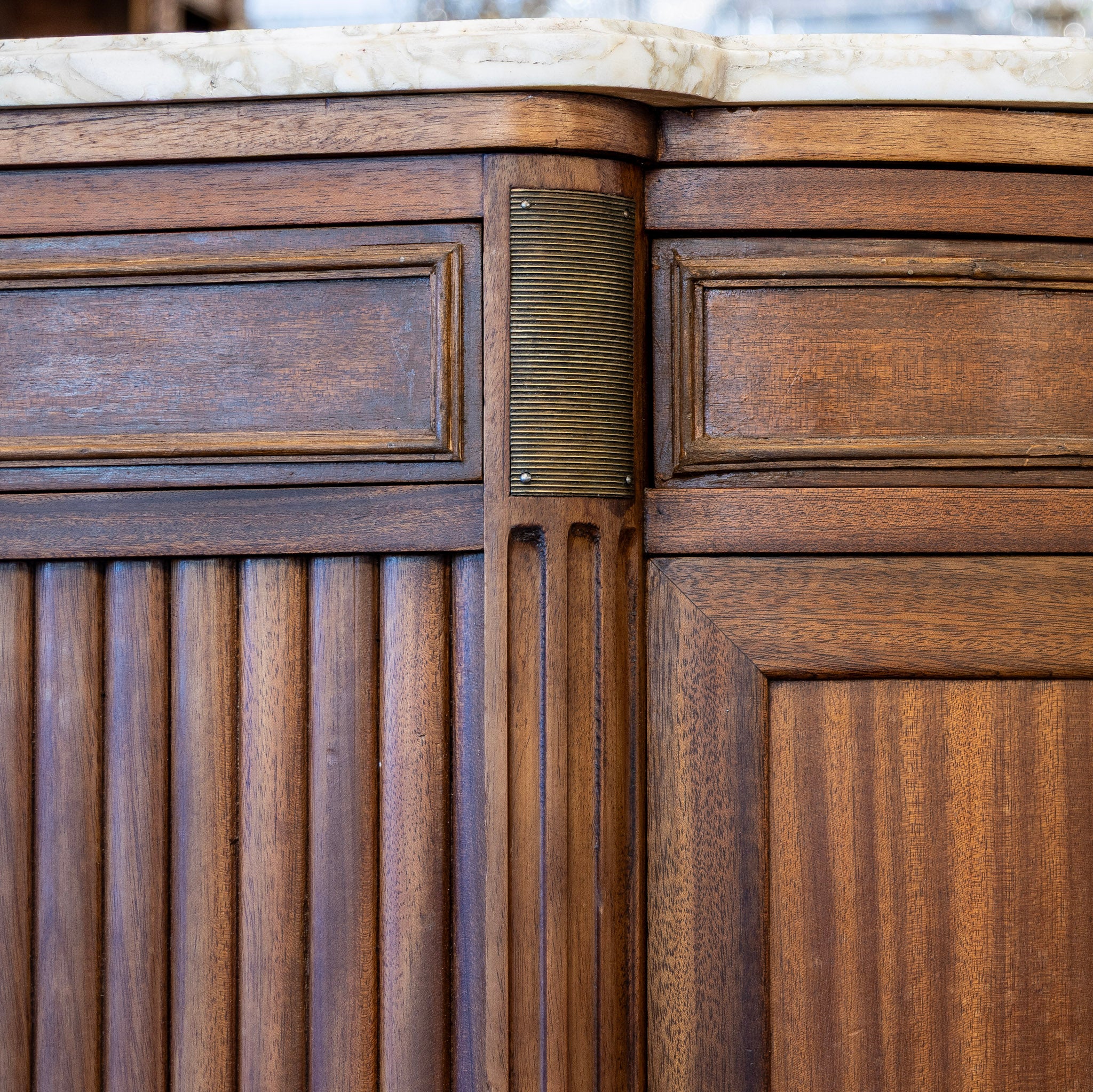 Louis XVI Demilune Sideboard – Reeded Front & White Marble Top with Sliding Side Doors - Image 7
