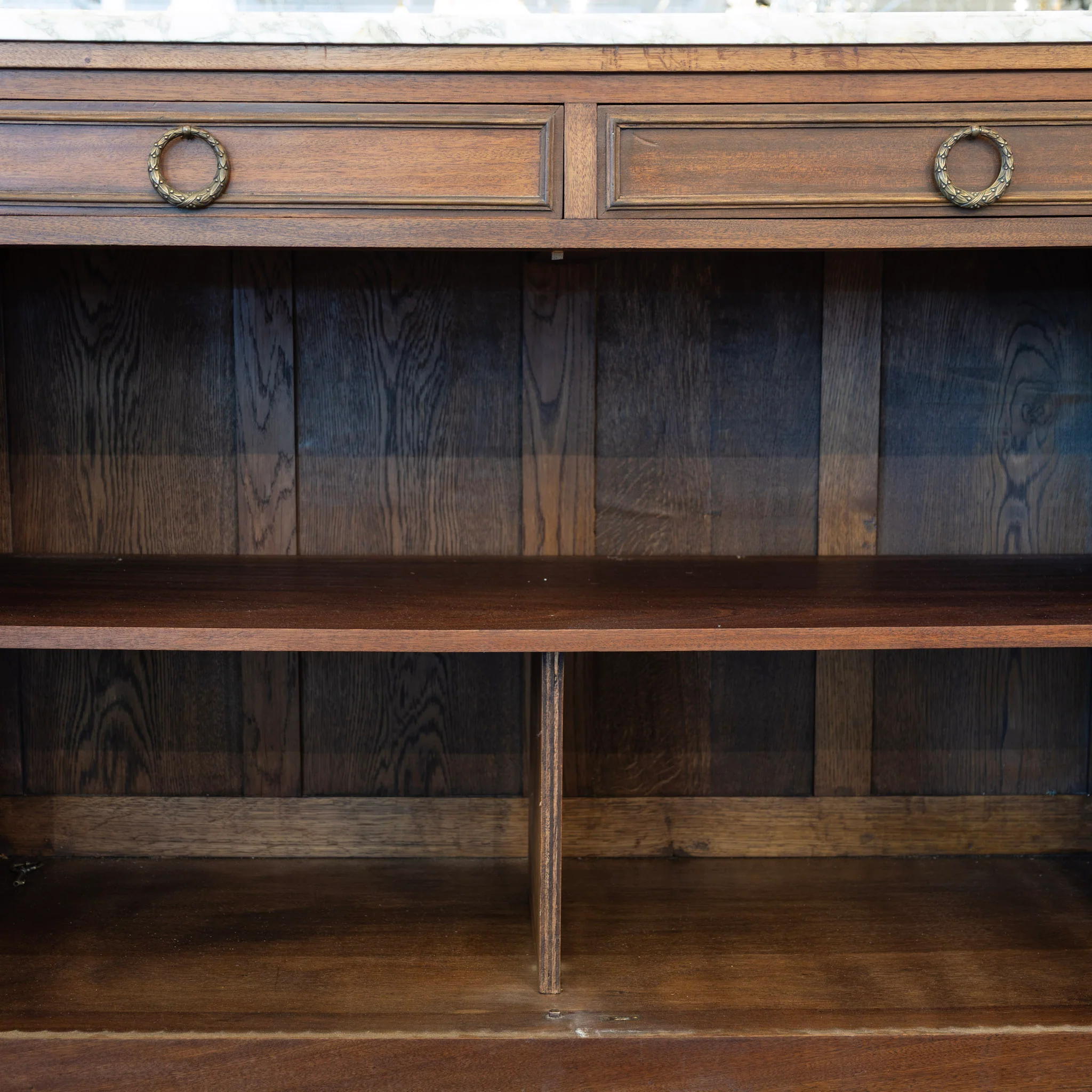 Louis XVI Demilune Sideboard – Reeded Front & White Marble Top with Sliding Side Doors - Image 8