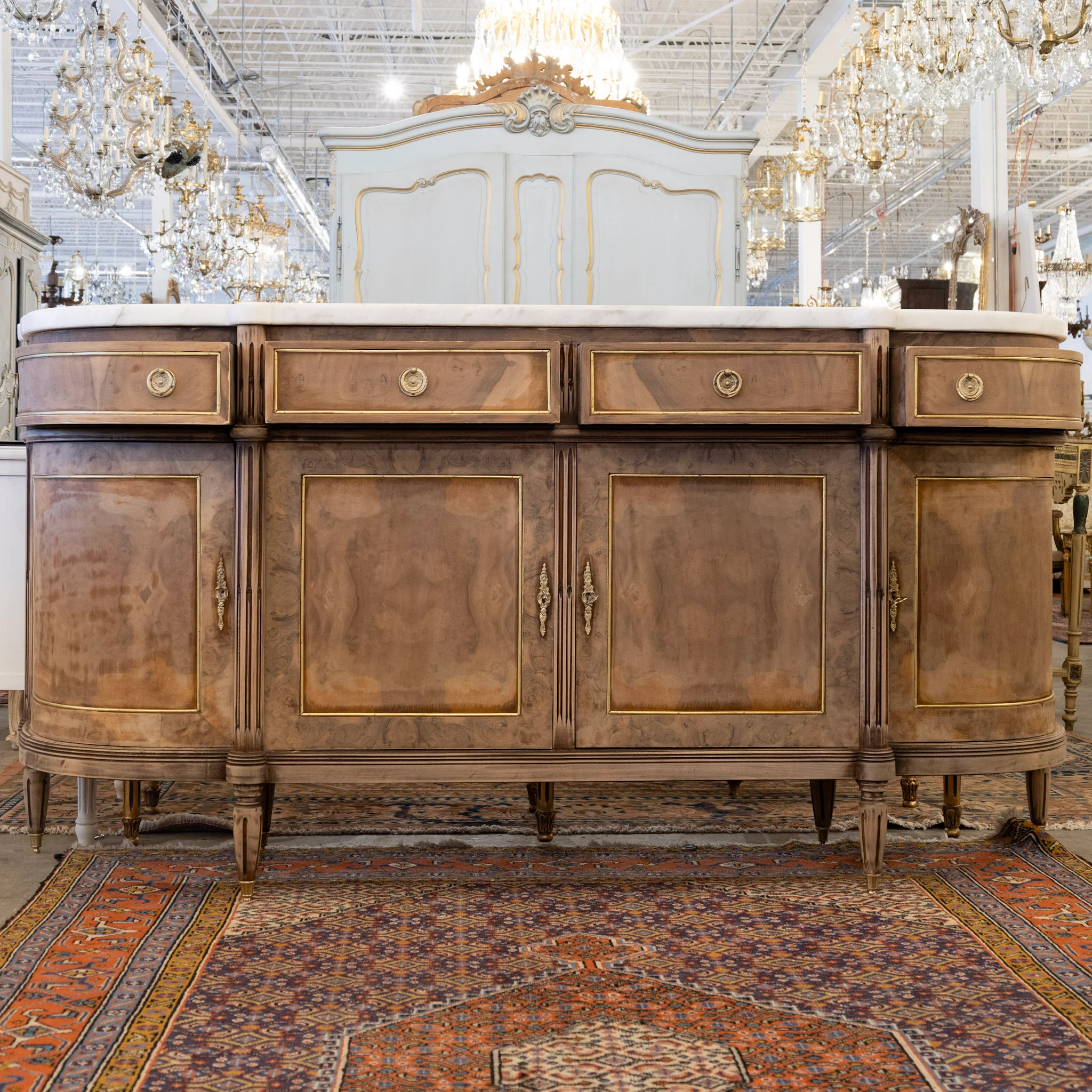 Louis XVI Demilune Sideboard – Stripped Burl Wood with White Marble Top - Image 2