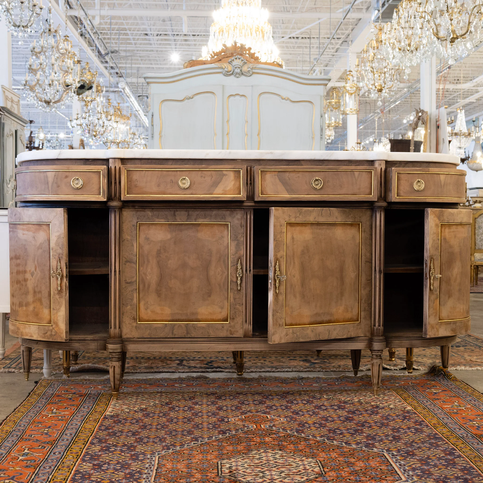 Louis XVI Demilune Sideboard – Stripped Burl Wood with White Marble Top - Image 3