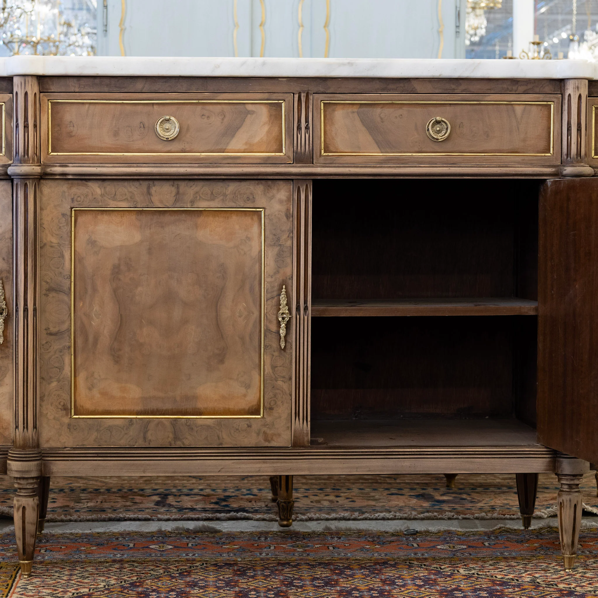Louis XVI Demilune Sideboard – Stripped Burl Wood with White Marble Top - Image 4