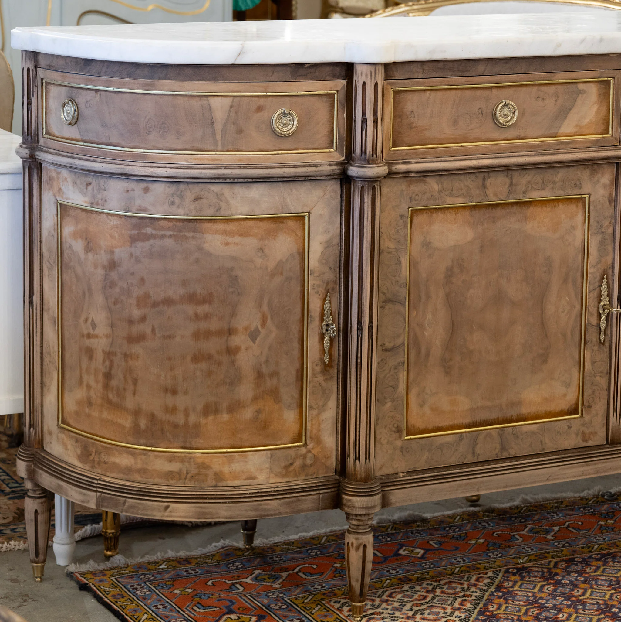 Louis XVI Demilune Sideboard – Stripped Burl Wood with White Marble Top - Image 6