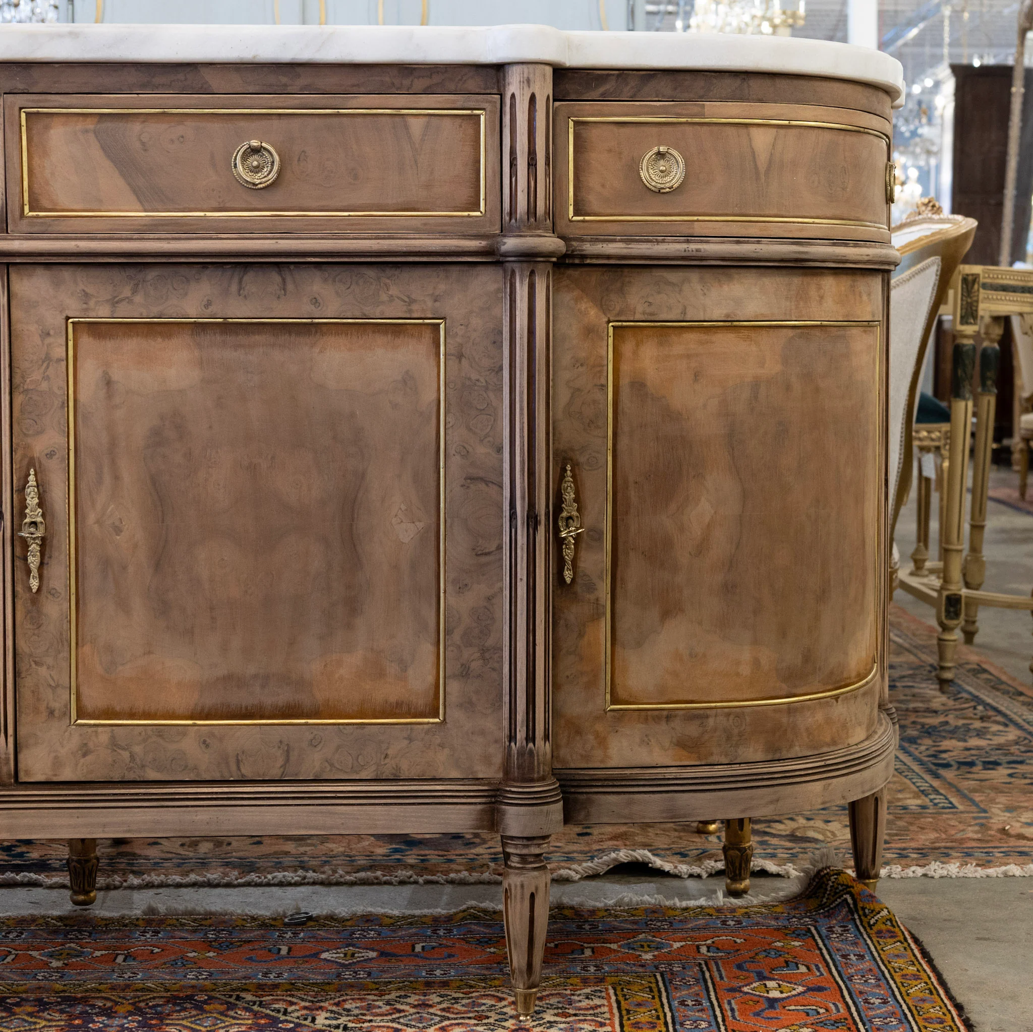Louis XVI Demilune Sideboard – Stripped Burl Wood with White Marble Top - Image 7