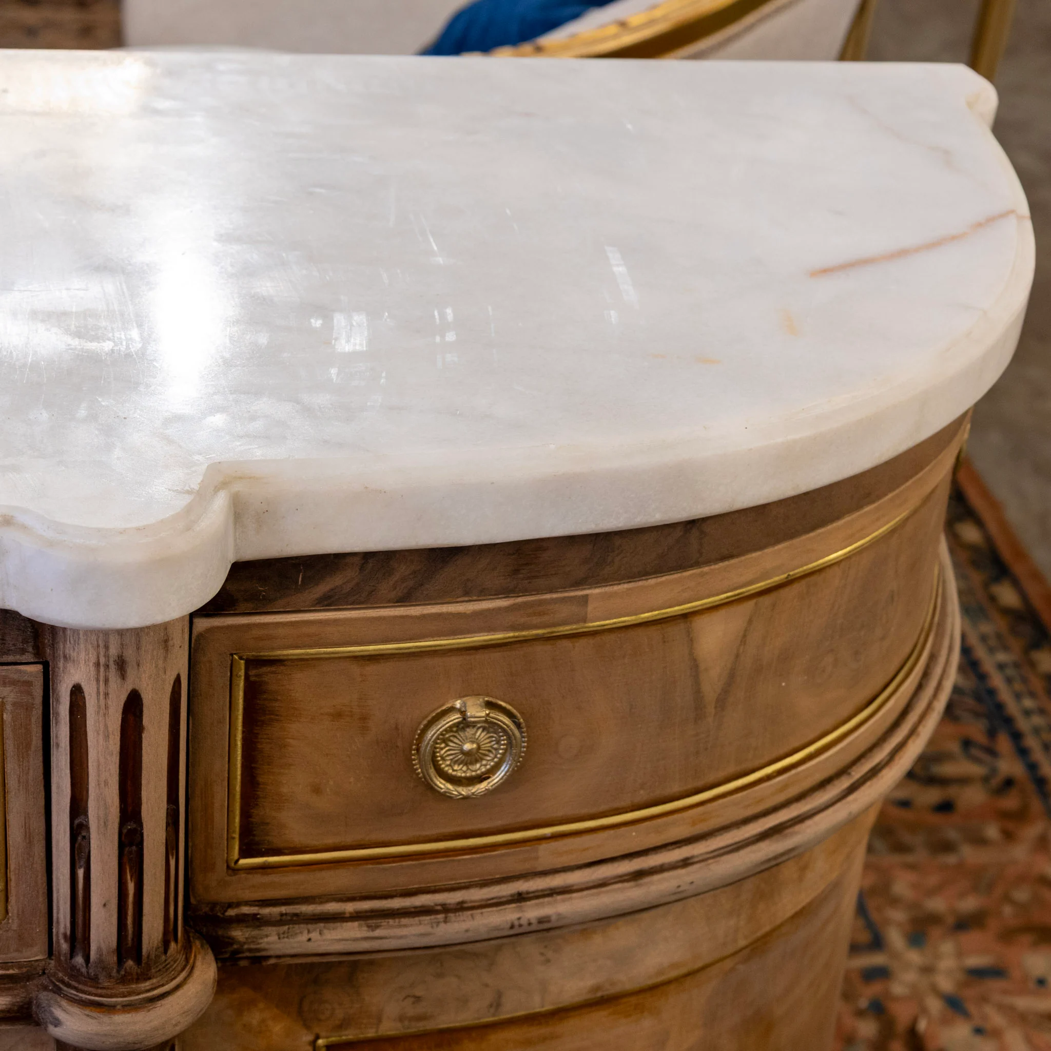 Louis XVI Demilune Sideboard – Stripped Burl Wood with White Marble Top - Image 9