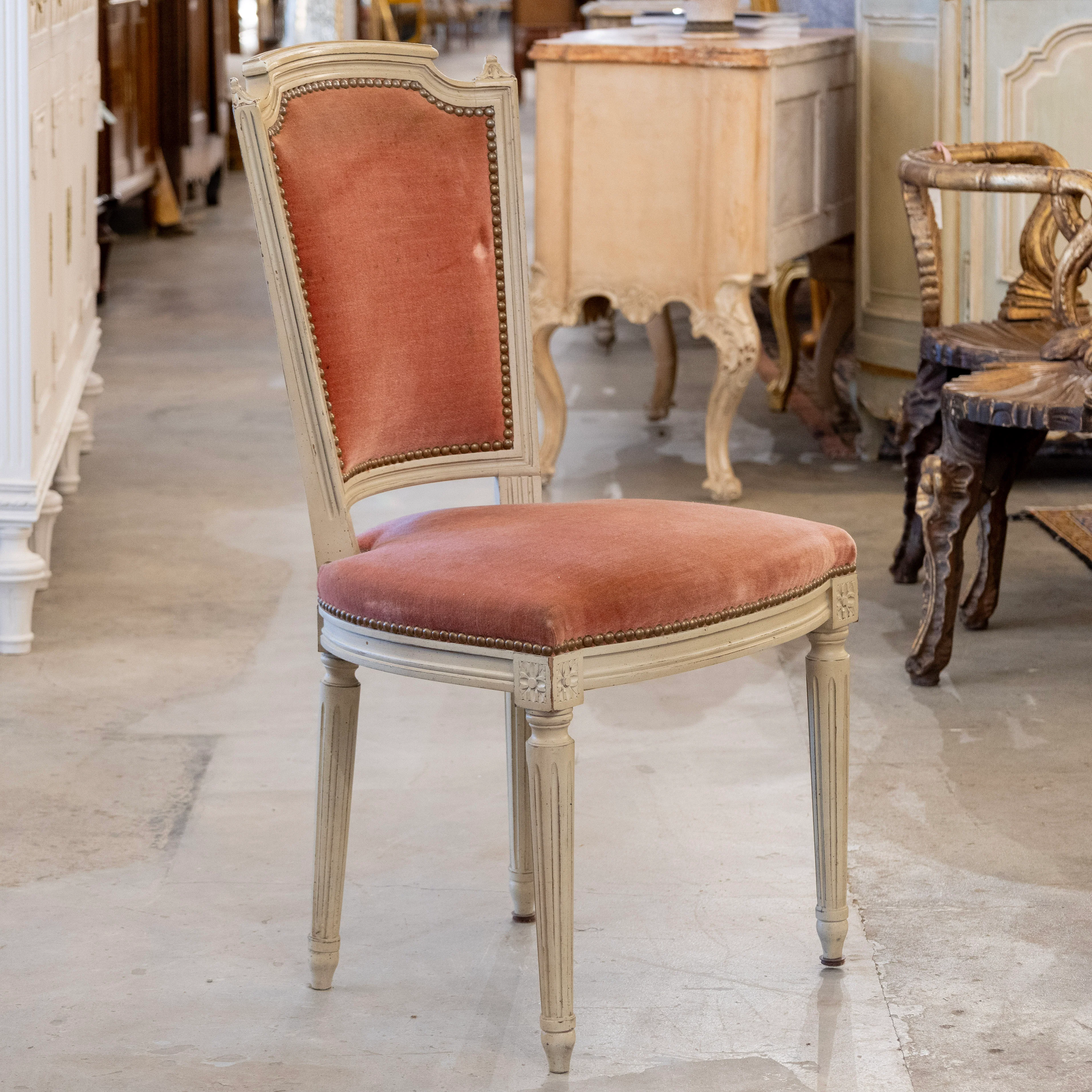 Louis XVI Square White Dining Chair – Original Deep Rose Upholstery - Image 2