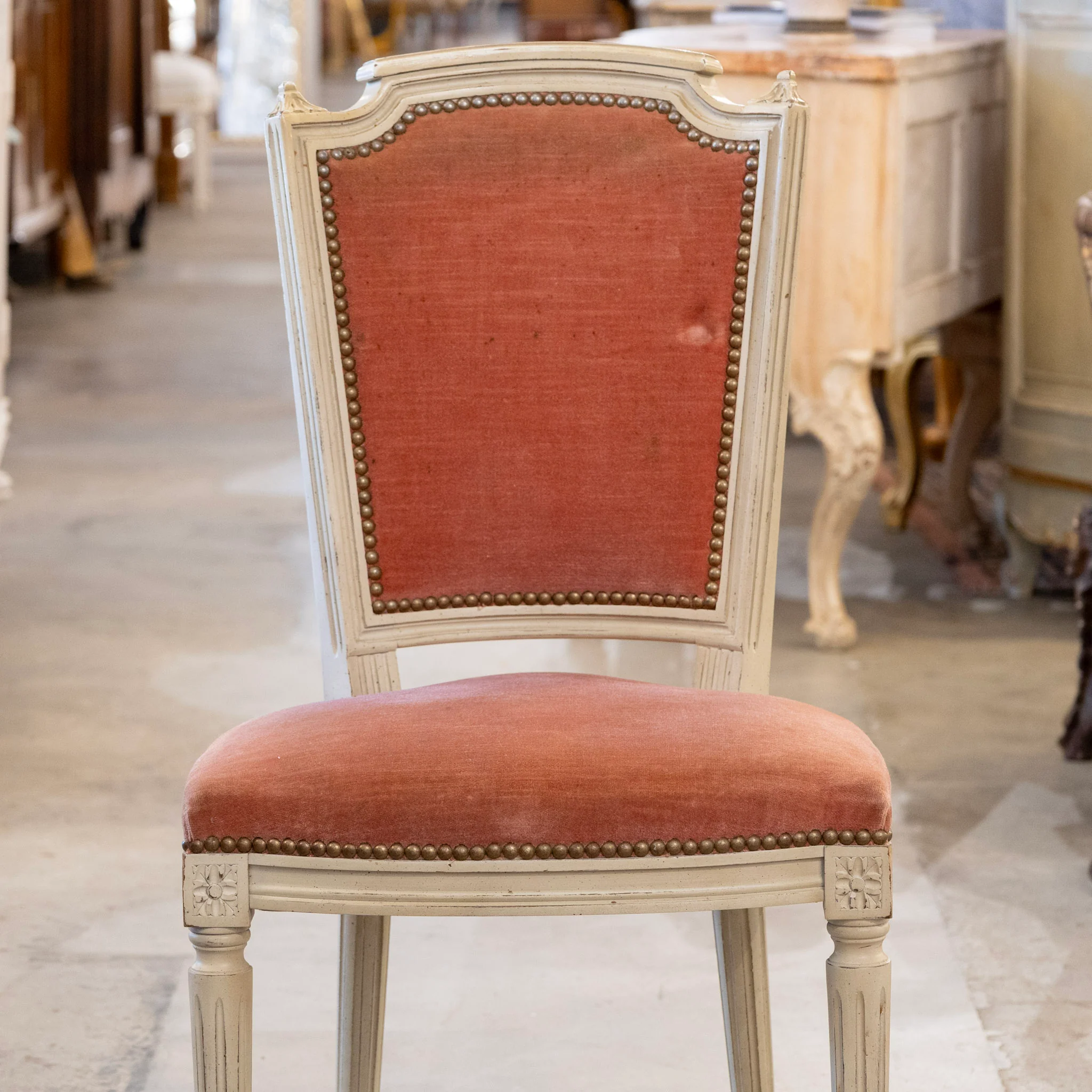 Louis XVI Square White Dining Chair – Original Deep Rose Upholstery - Image 3
