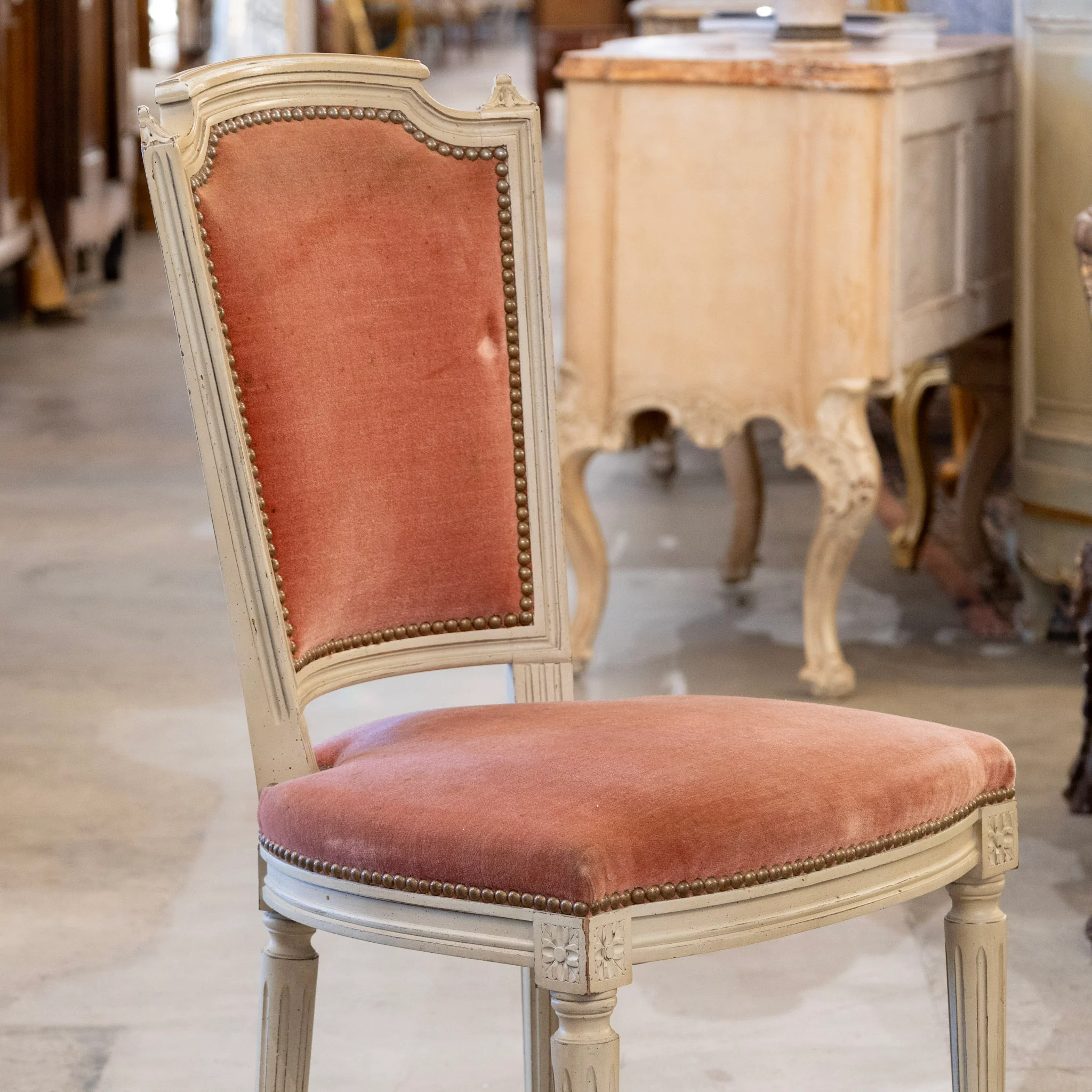 Louis XVI Square White Dining Chair – Original Deep Rose Upholstery - Image 4