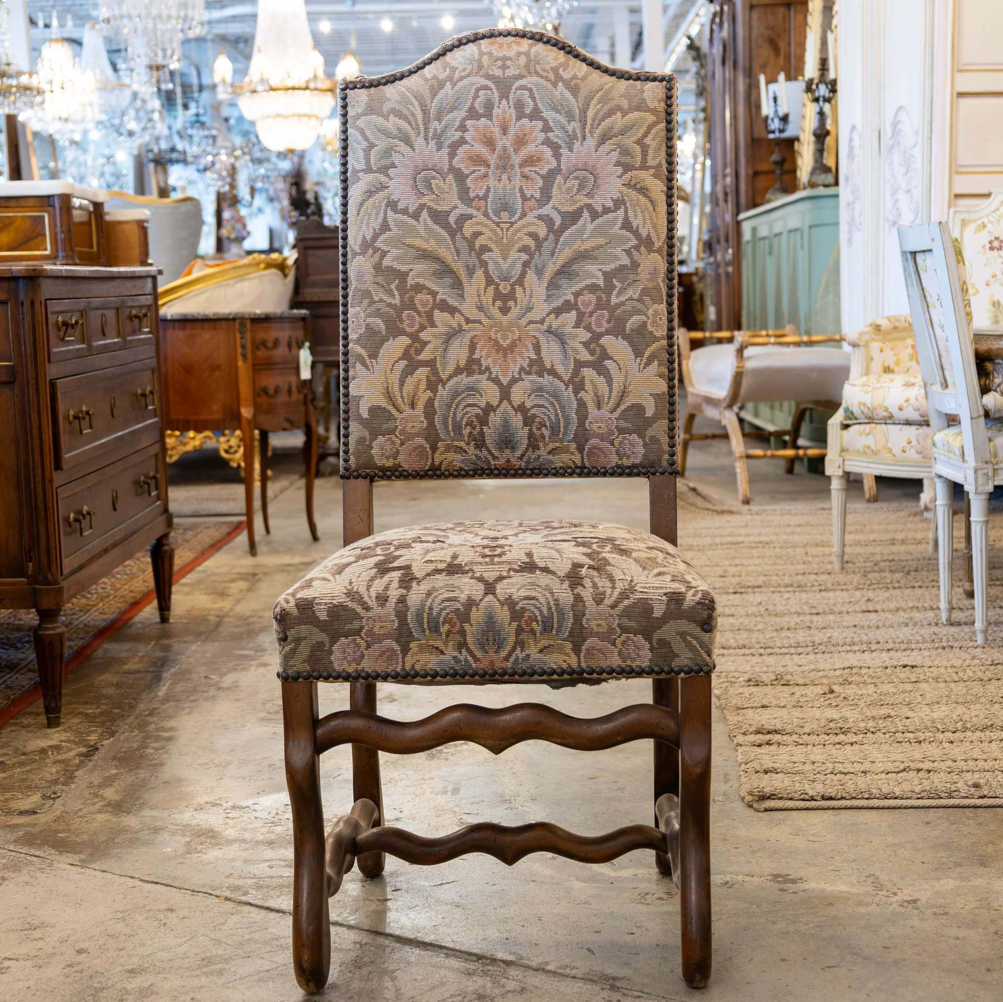 Louis XVI Square Dining Chair – Brown Frame with Original Tapestry Upholstery