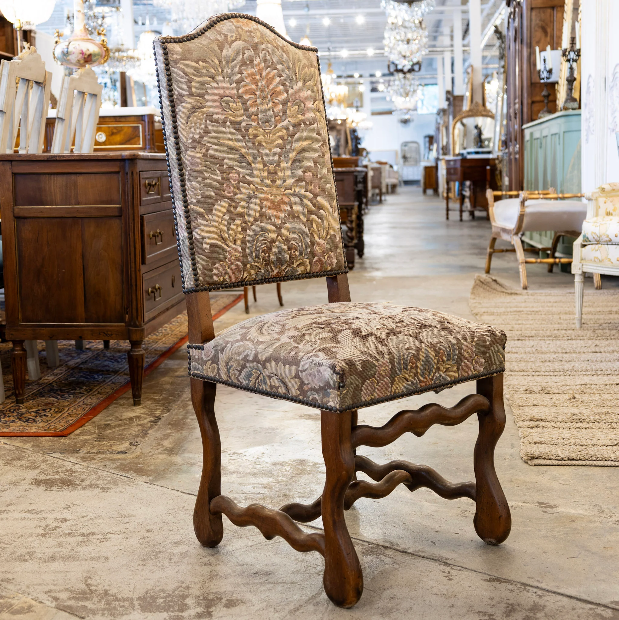 Louis XVI Square Dining Chair – Brown Frame with Original Tapestry Upholstery - Image 2