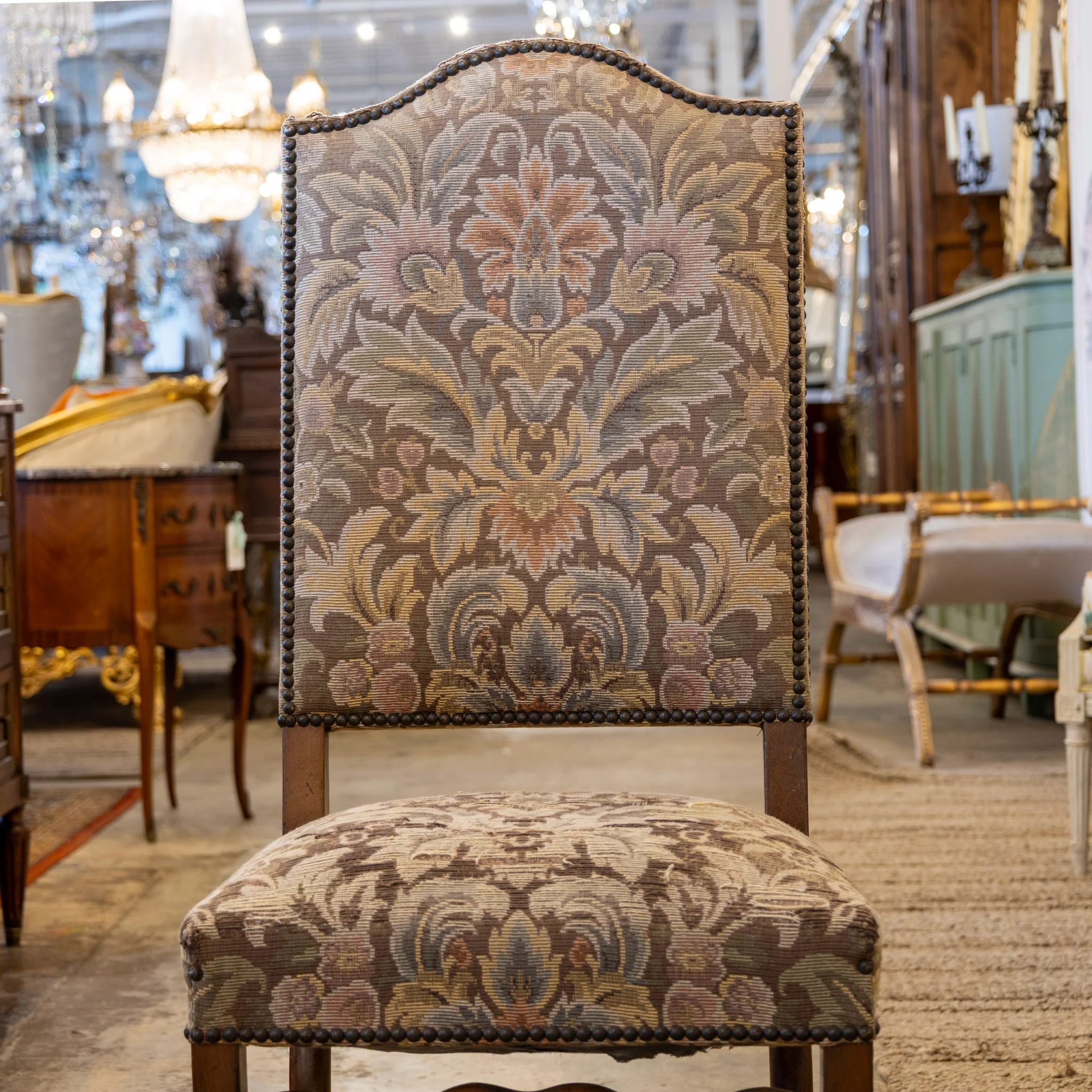 Louis XVI Square Dining Chair – Brown Frame with Original Tapestry Upholstery - Image 3