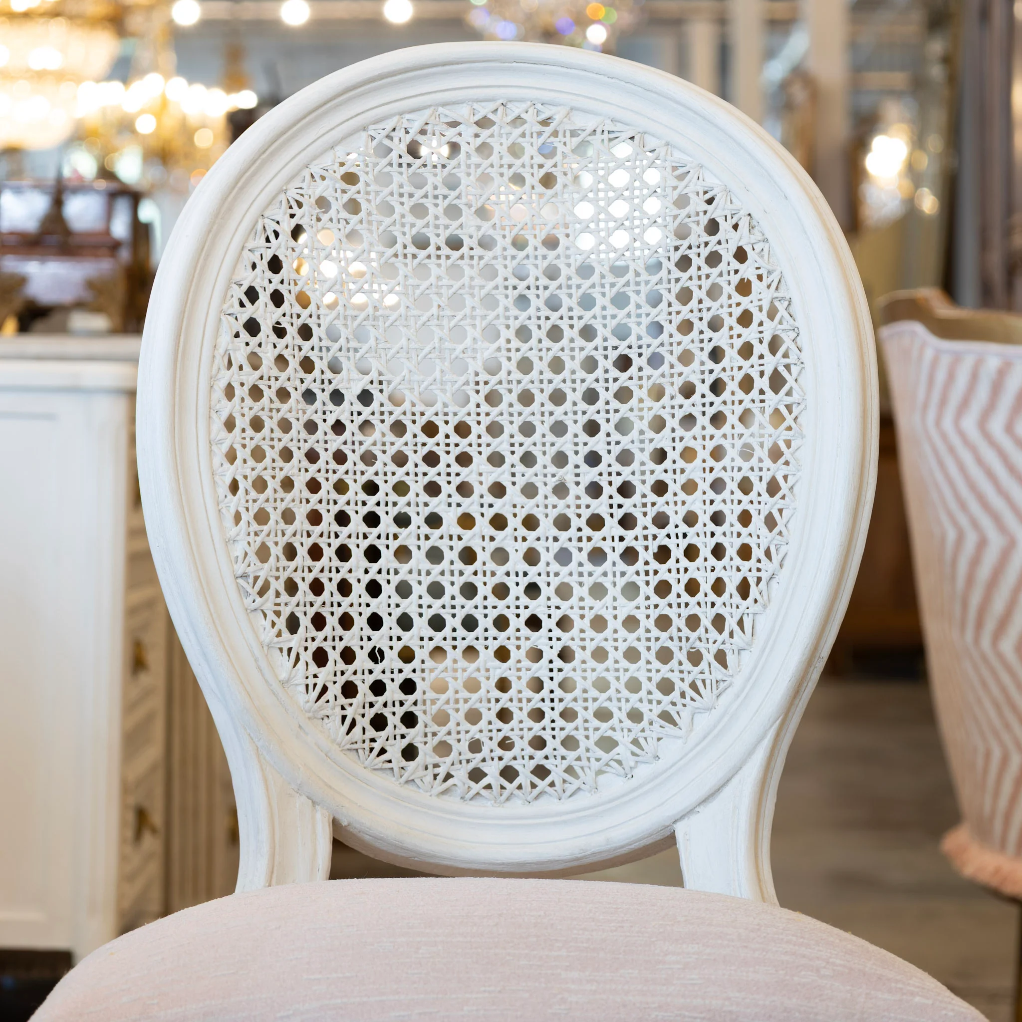 Louis XVI Round Dining Chair – Cane Back & Blush Pink Linen Upholstery - Image 4