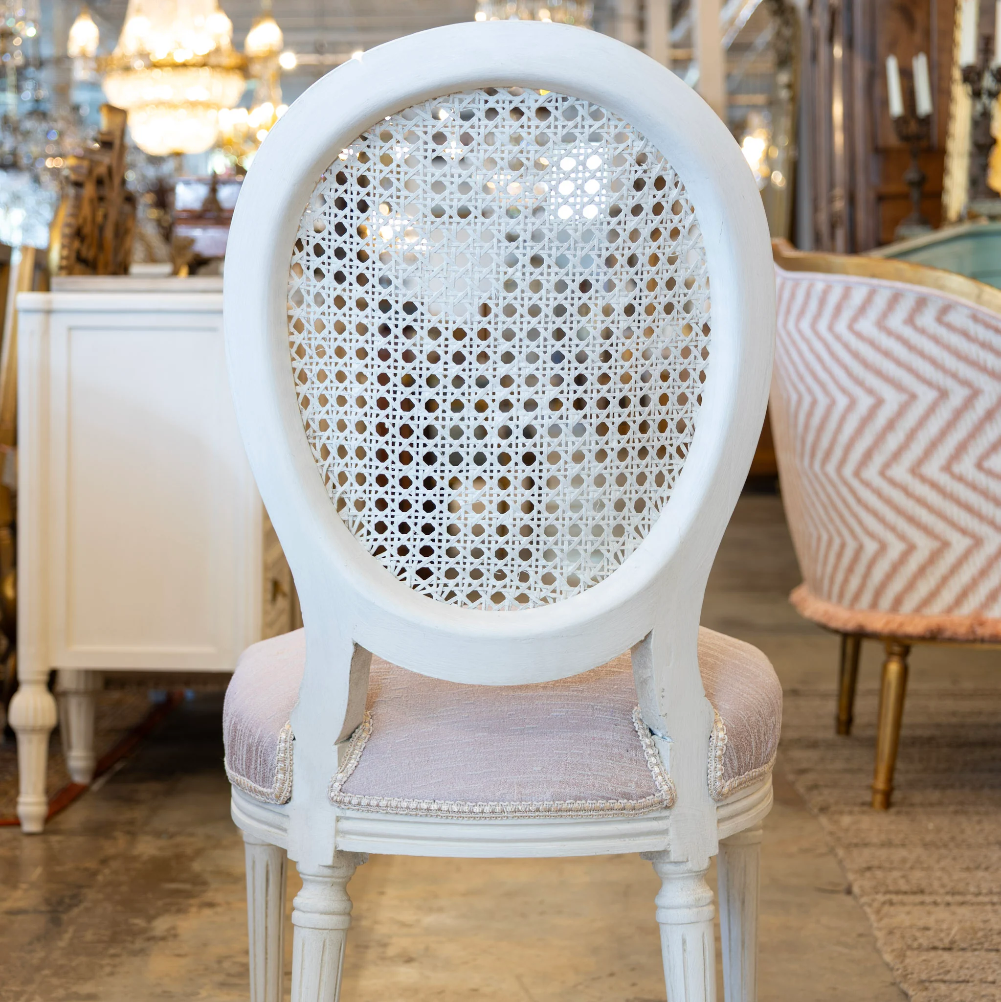 Louis XVI Round Dining Chair – Cane Back & Blush Pink Linen Upholstery - Image 5