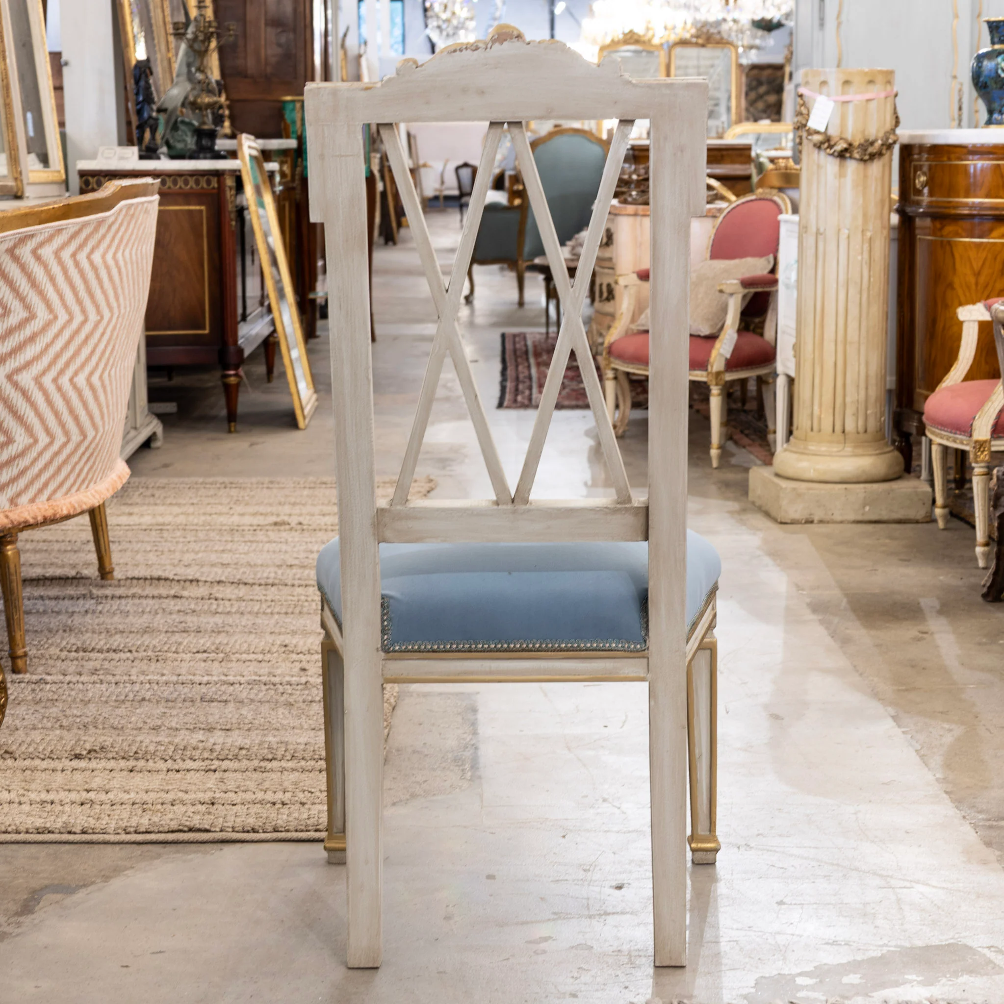 Louis XVI Square Open Back Dining Chair – Blue Velvet Upholstery - Image 6