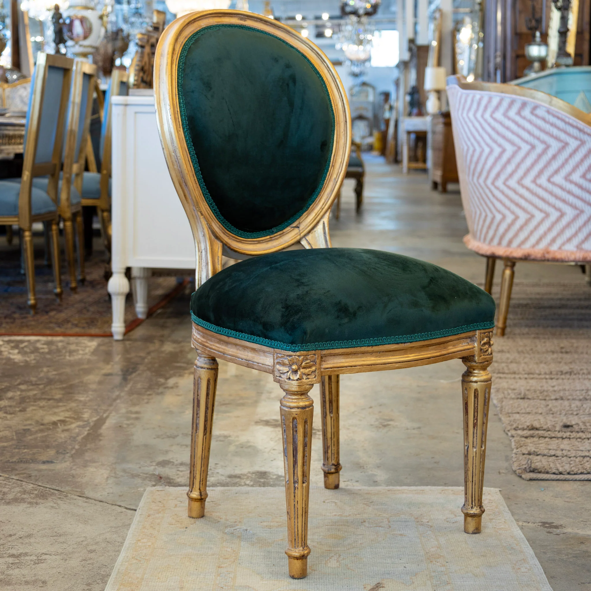 Louis XVI Round Dining Chair – Gilded Frame & Dark Green Velvet Upholstery - Image 3