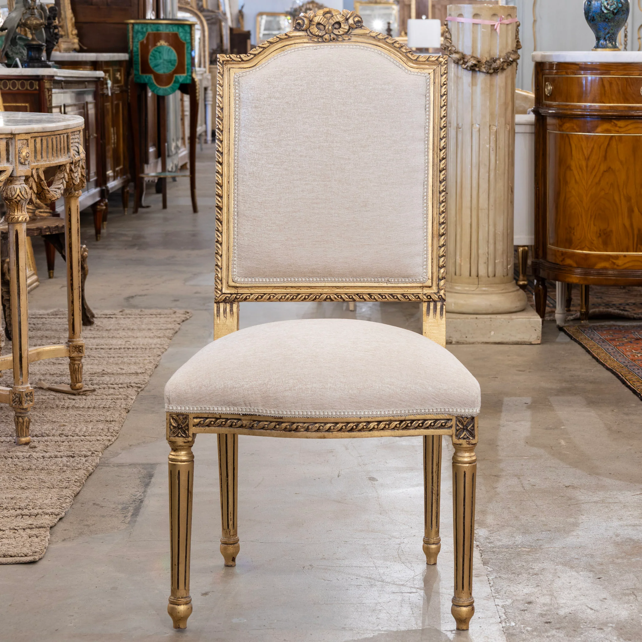 Louis XVI Gilded Square Dining Chair – White Linen Upholstery and Bow Detail