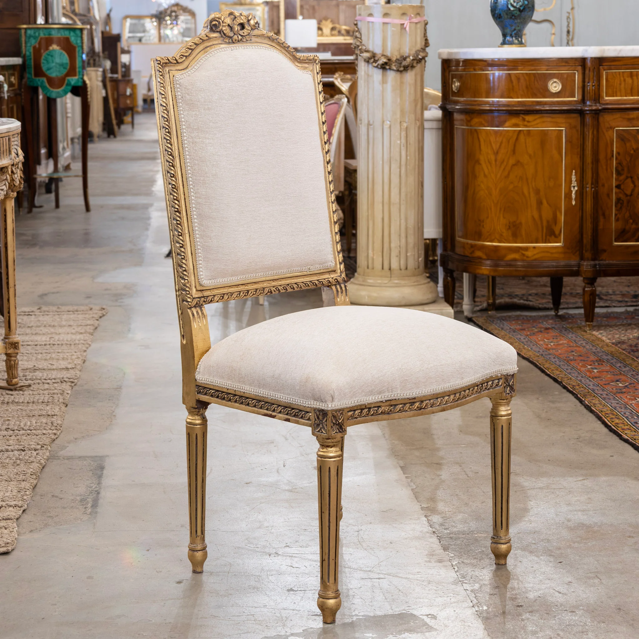 Louis XVI Gilded Square Dining Chair – White Linen Upholstery and Bow Detail - Image 2